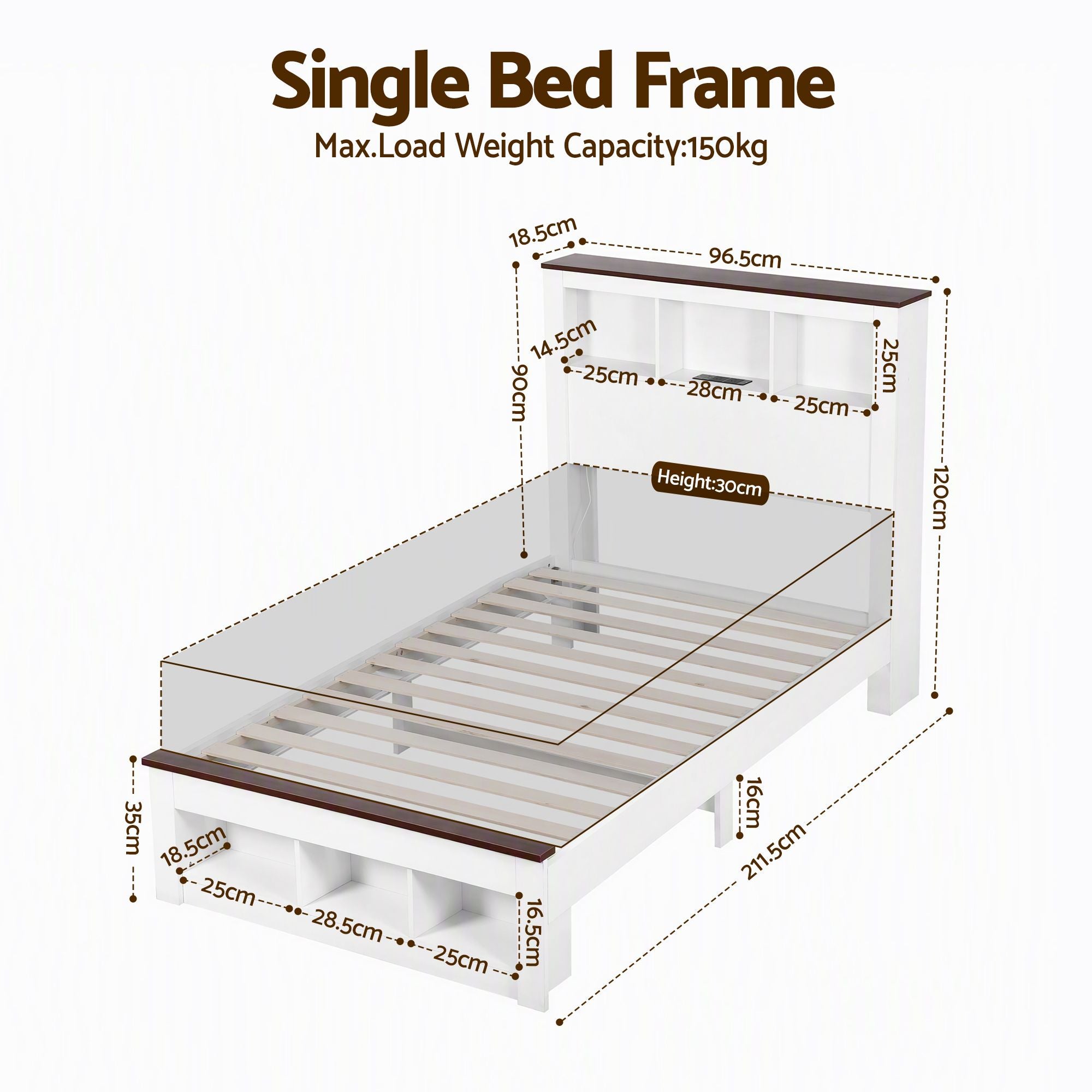 Artiss Single Bed Frame with Storage Bookcase Headboard and Footboard, White Bedworld