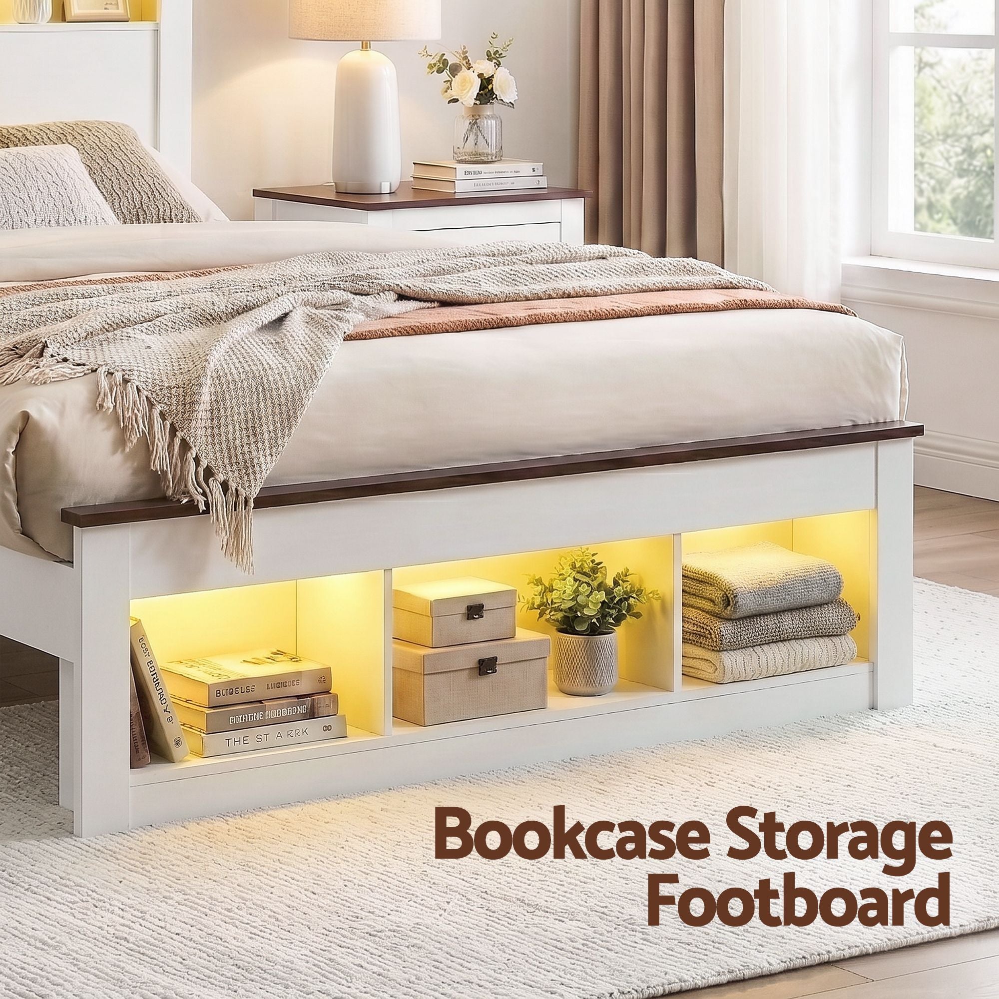 Artiss Single Bed Frame with Storage Bookcase Headboard and Footboard, White Bedworld