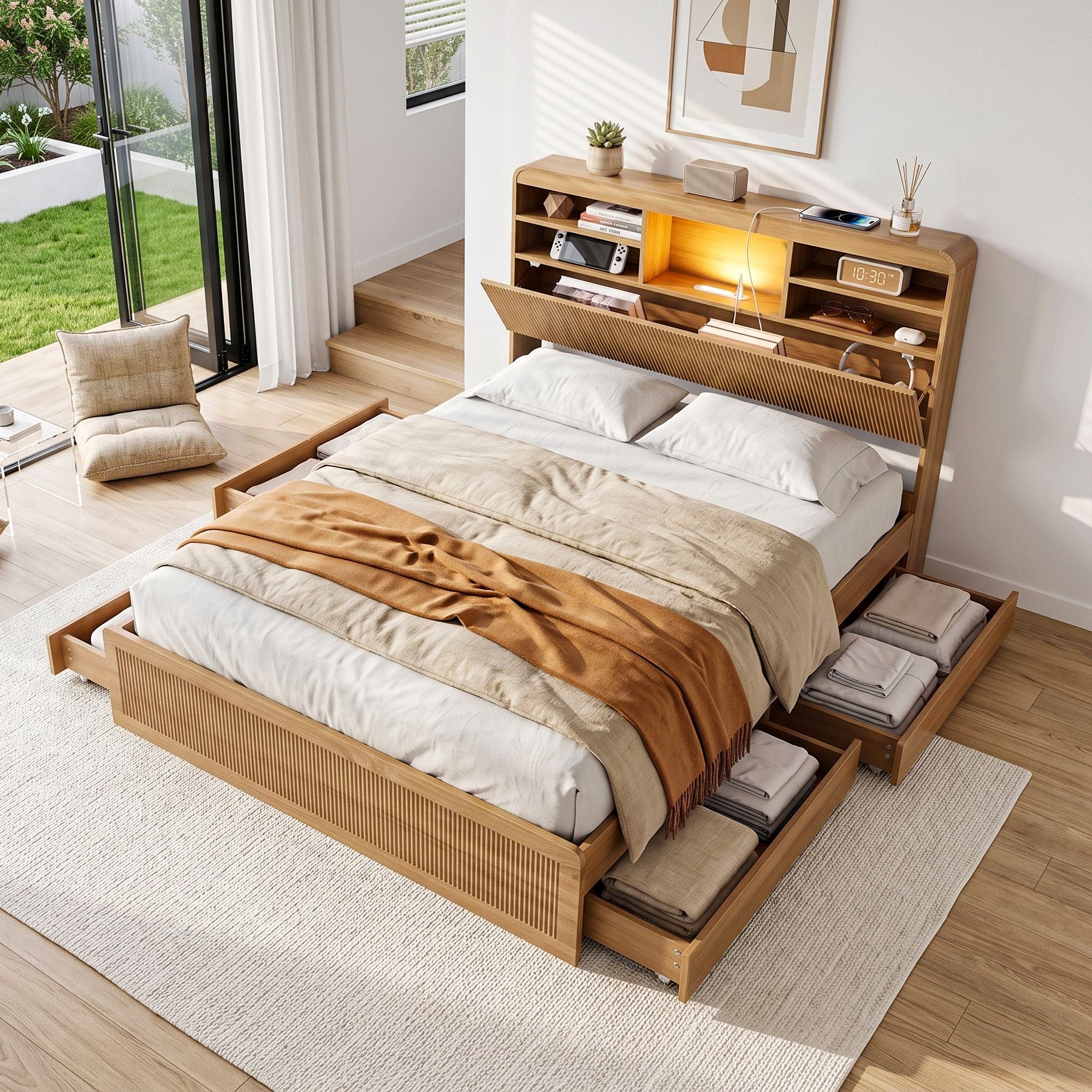 Artiss Double Bed Frame with Storage, 4 Drawers, USB and Night Light Natural Bedworld