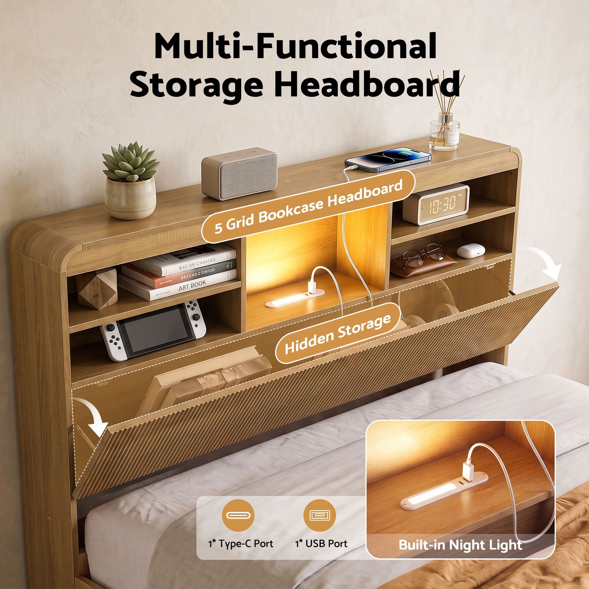 Artiss Double Bed Frame with Storage, 4 Drawers, USB and Night Light Natural Bedworld