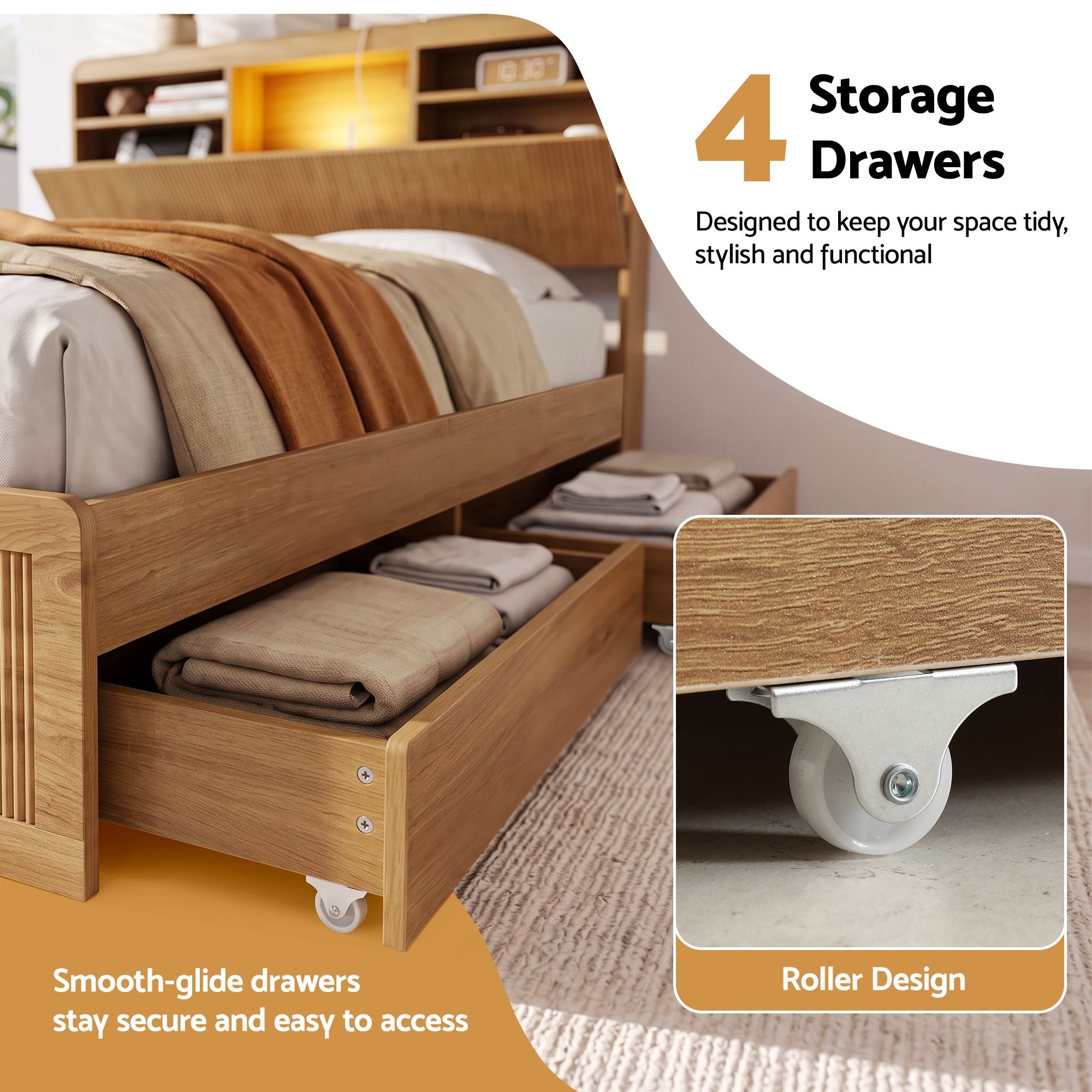 Artiss Double Bed Frame with Storage, 4 Drawers, USB and Night Light Natural Bedworld