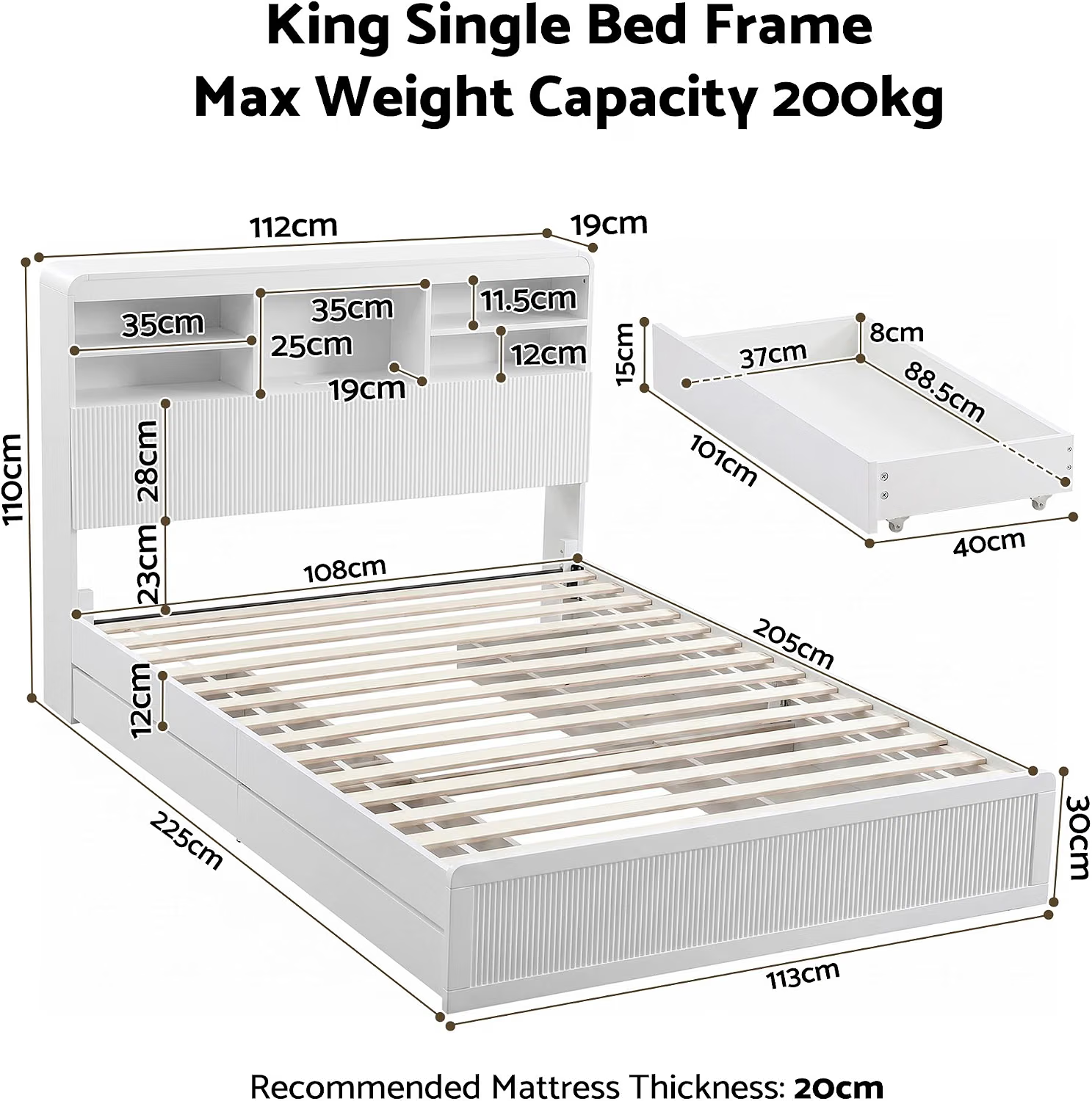 Artiss King Single Bed Frame and 2 Bedside Table Bedroom Furniture Set Bedworld