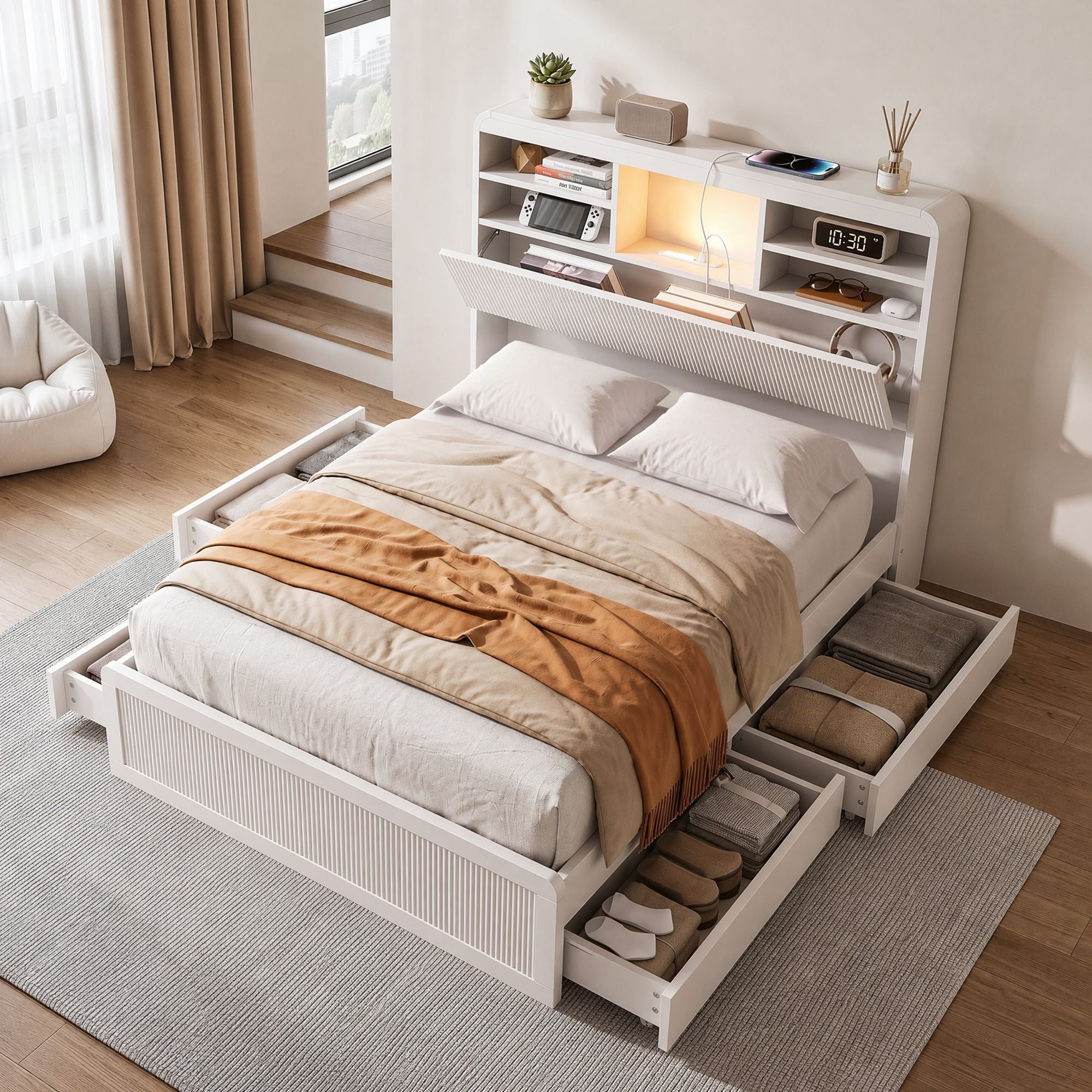 Artiss King Single Bed Frame with Storage, 4 Drawers, USB and Night Light White Bedworld