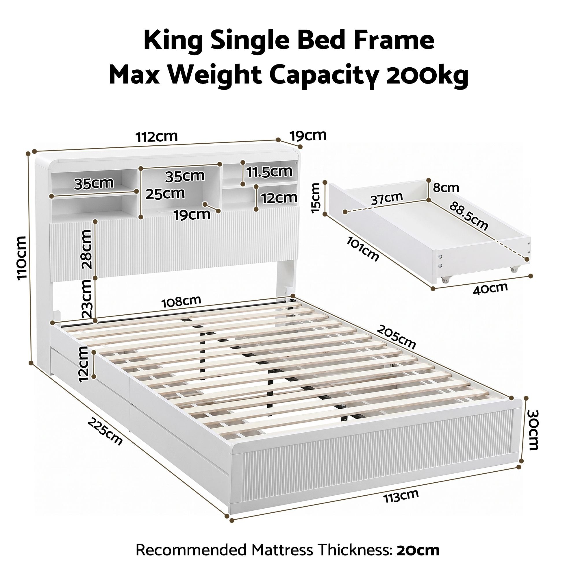 Artiss King Single Bed Frame with Storage, 4 Drawers, USB and Night Light White Bedworld