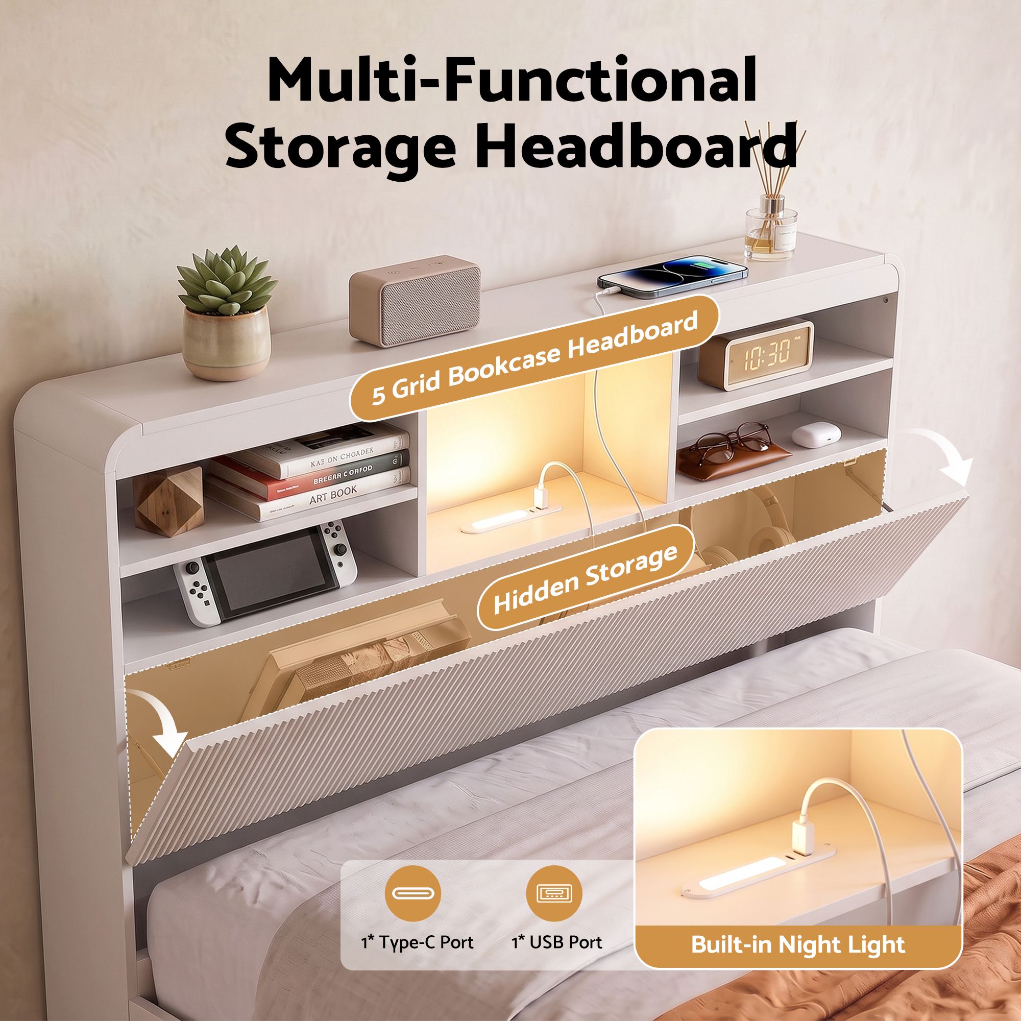Artiss King Single Bed Frame with Storage, 4 Drawers, USB and Night Light White Bedworld