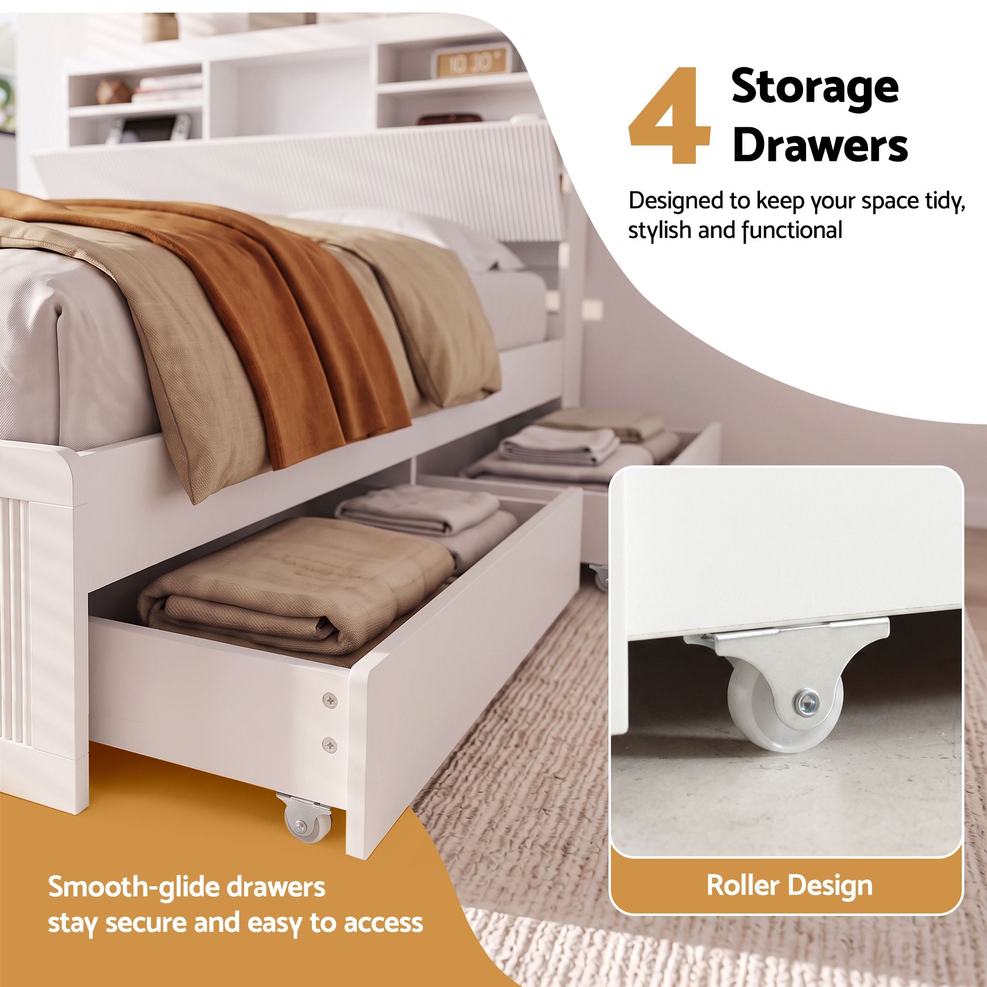 Artiss King Single Bed Frame with Storage, 4 Drawers, USB and Night Light White Bedworld