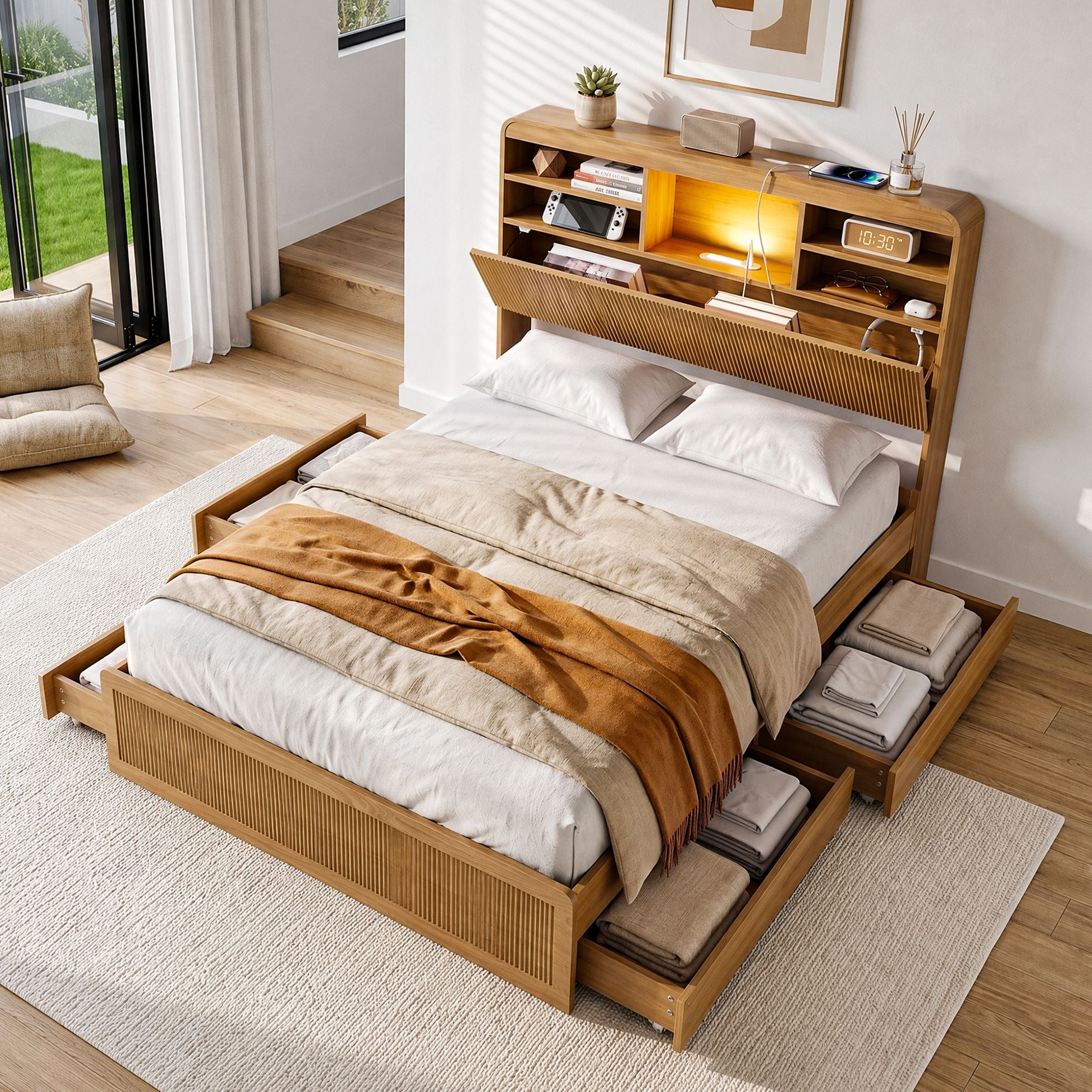 Artiss King Single Bed Frame with Storage, 4 Drawers, USB and Night Light Natural Bedworld