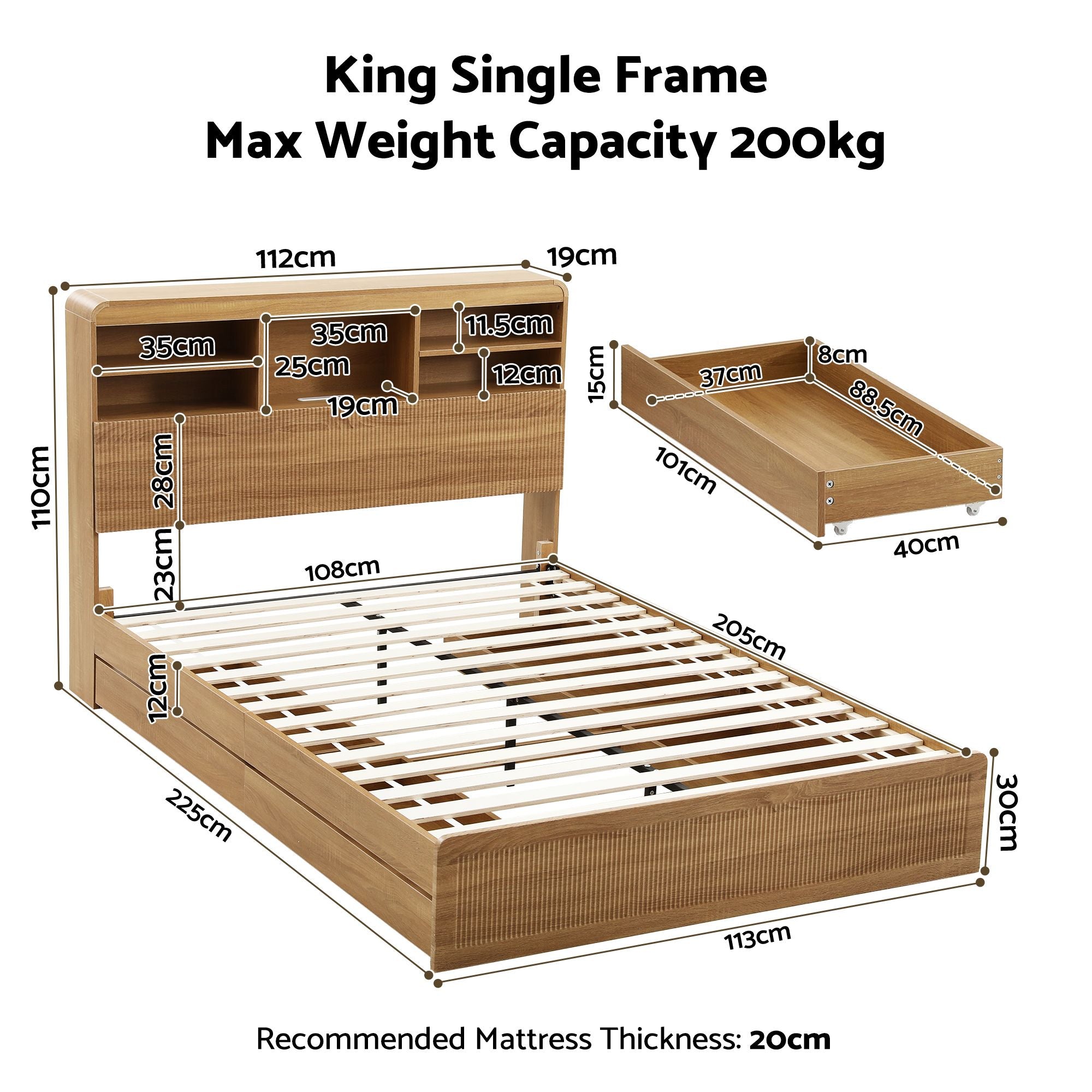 Artiss King Single Bed Frame with Storage, 4 Drawers, USB and Night Light Natural Bedworld