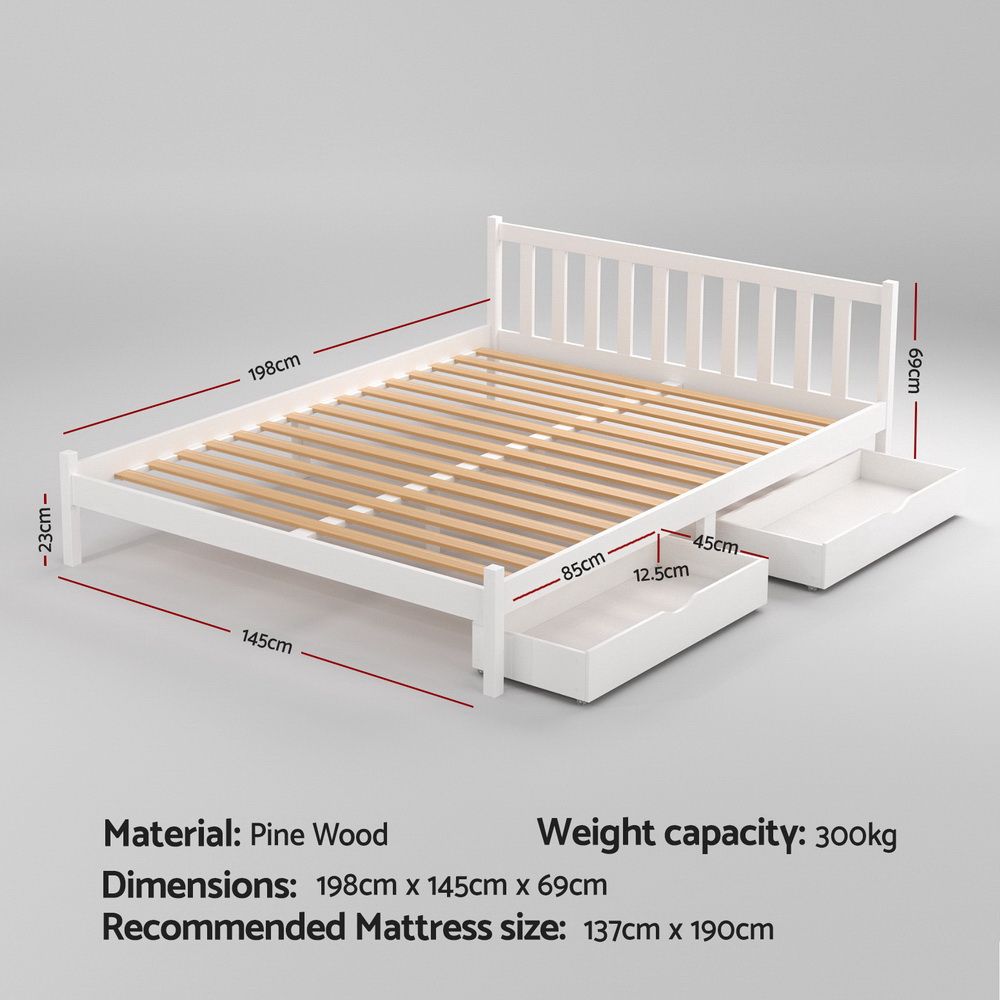 Artiss Bed Frame Double Size Wooden Platform with 2 Storage Drawers White SOFIE