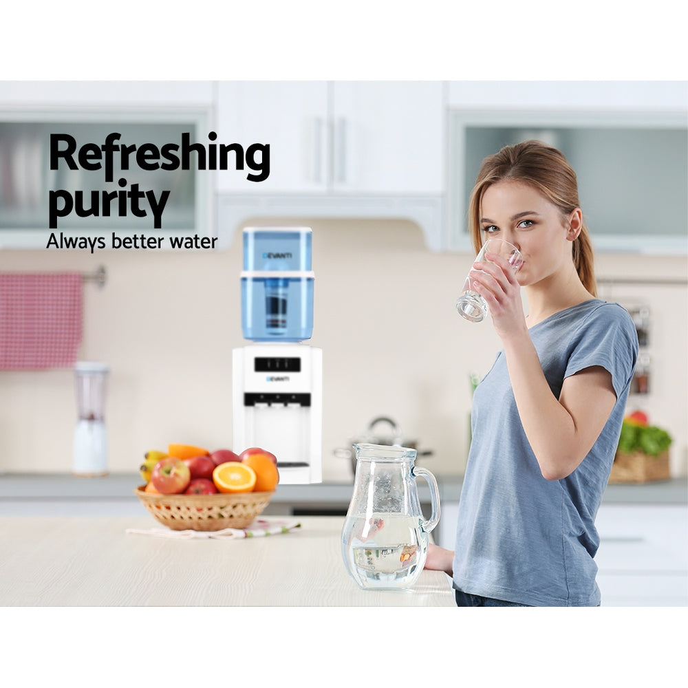 Blue water filter dispenser with clear cartridge container and spout