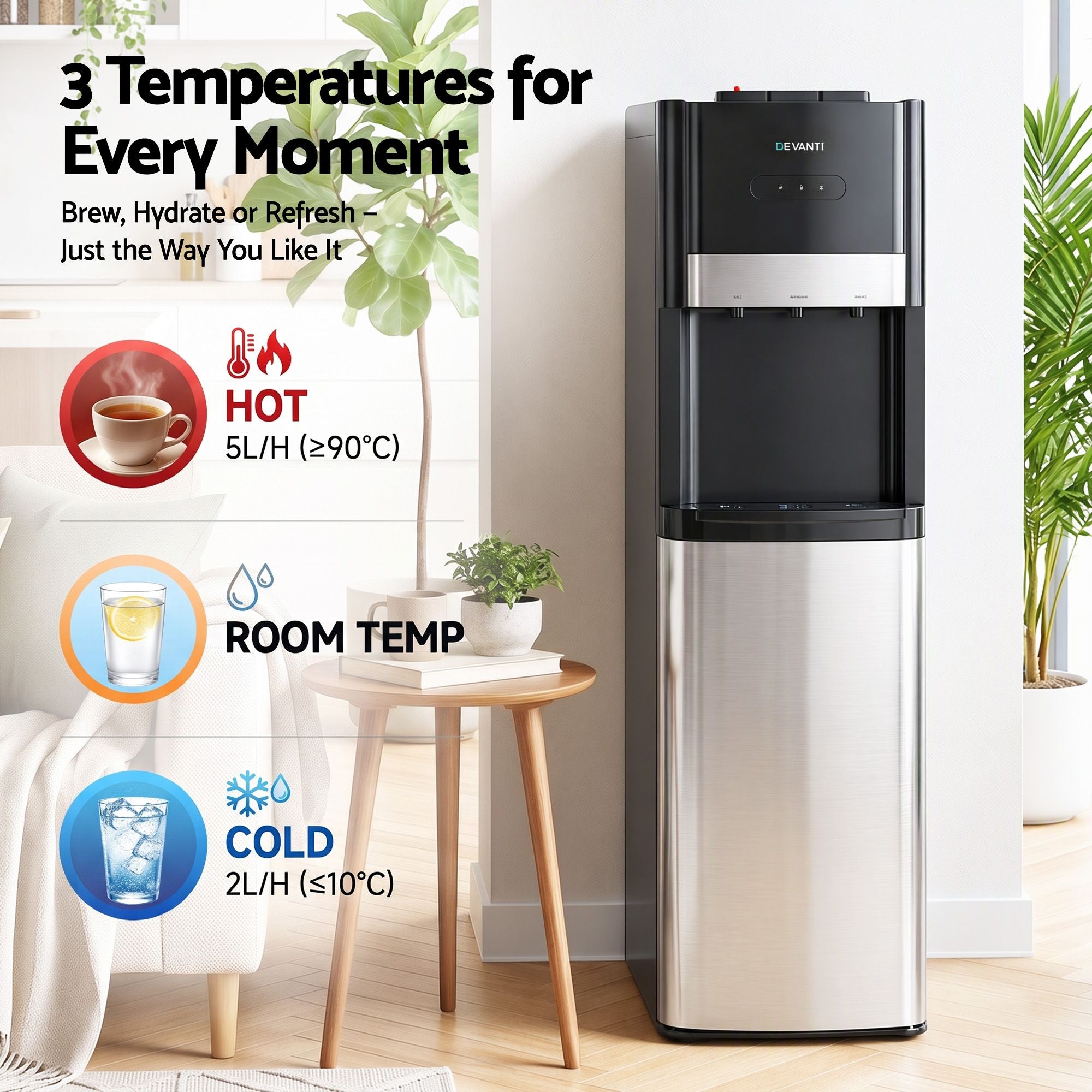 Devanti 3 Taps Hot and Cold Water Cooler Dispenser with Child Safety Lock Bedworld