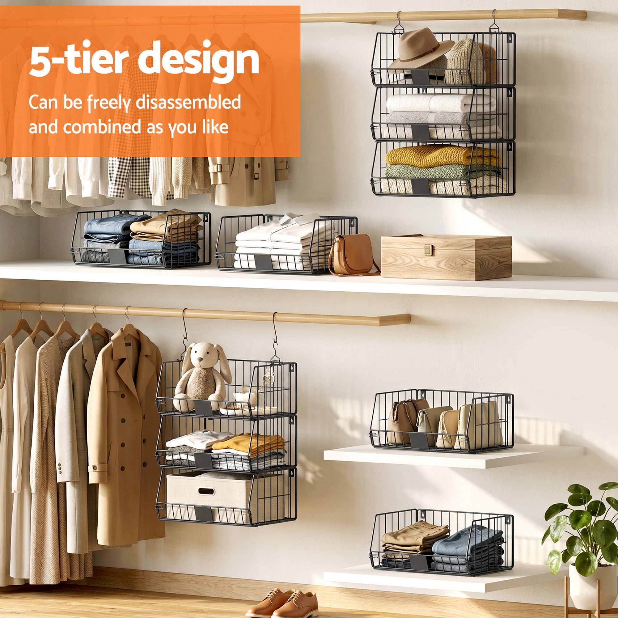 Artiss 5 Tier Stackable Closet Organizers and Storage Closet Hanging Storage Organizer Shelves Bedworld