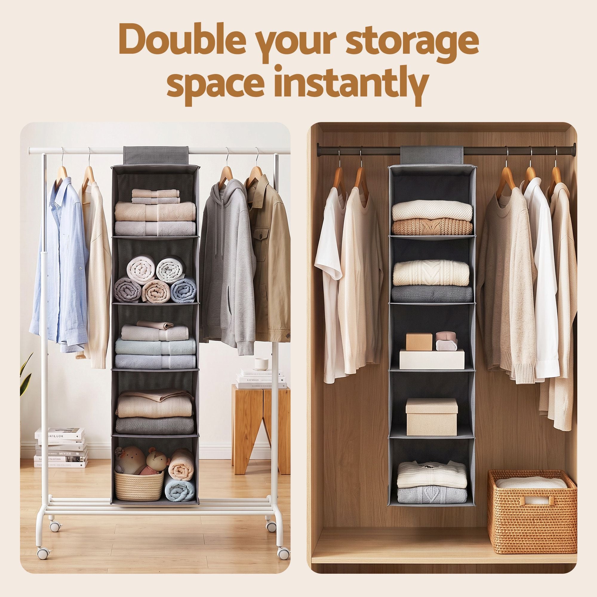 Artiss Hanging Closet Organiser 5 Tier Wardrobe Storage Grey 104cm Bedworld