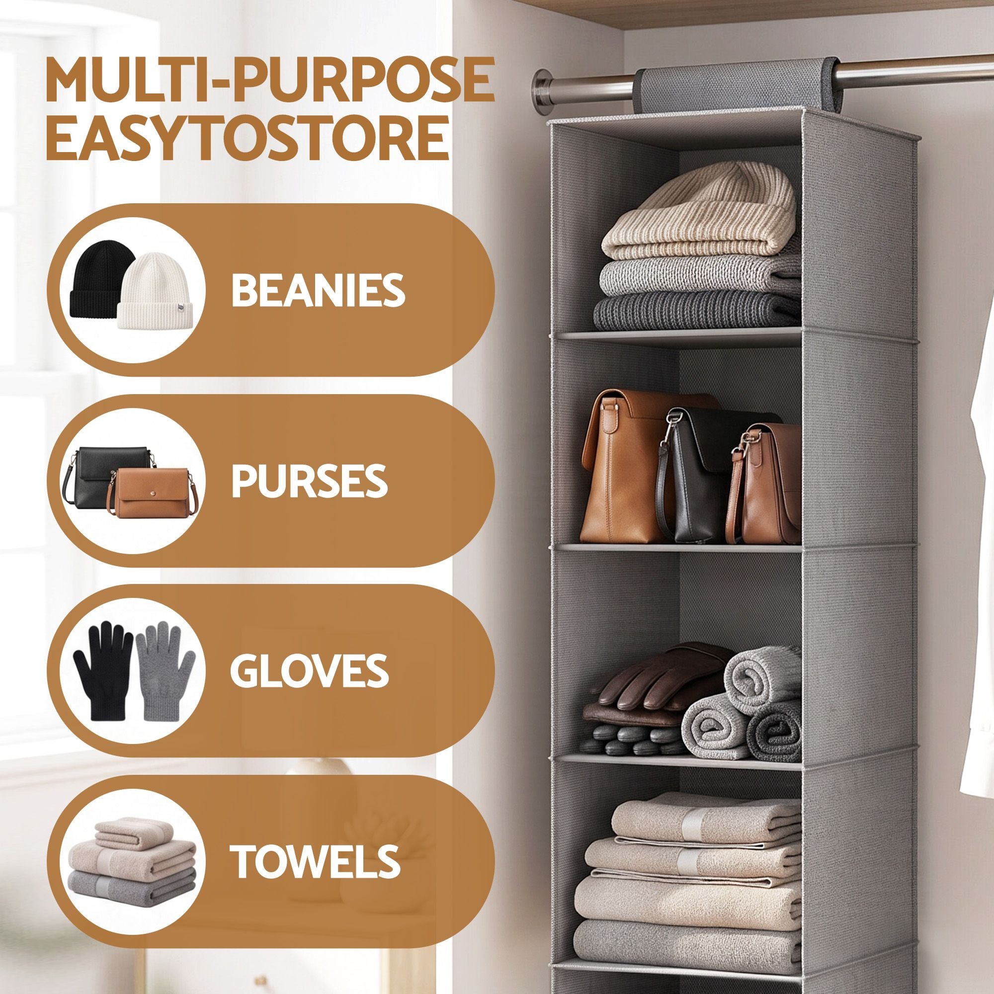 Artiss Hanging Closet Organiser 5 Tier Wardrobe Storage Grey 104cm Bedworld