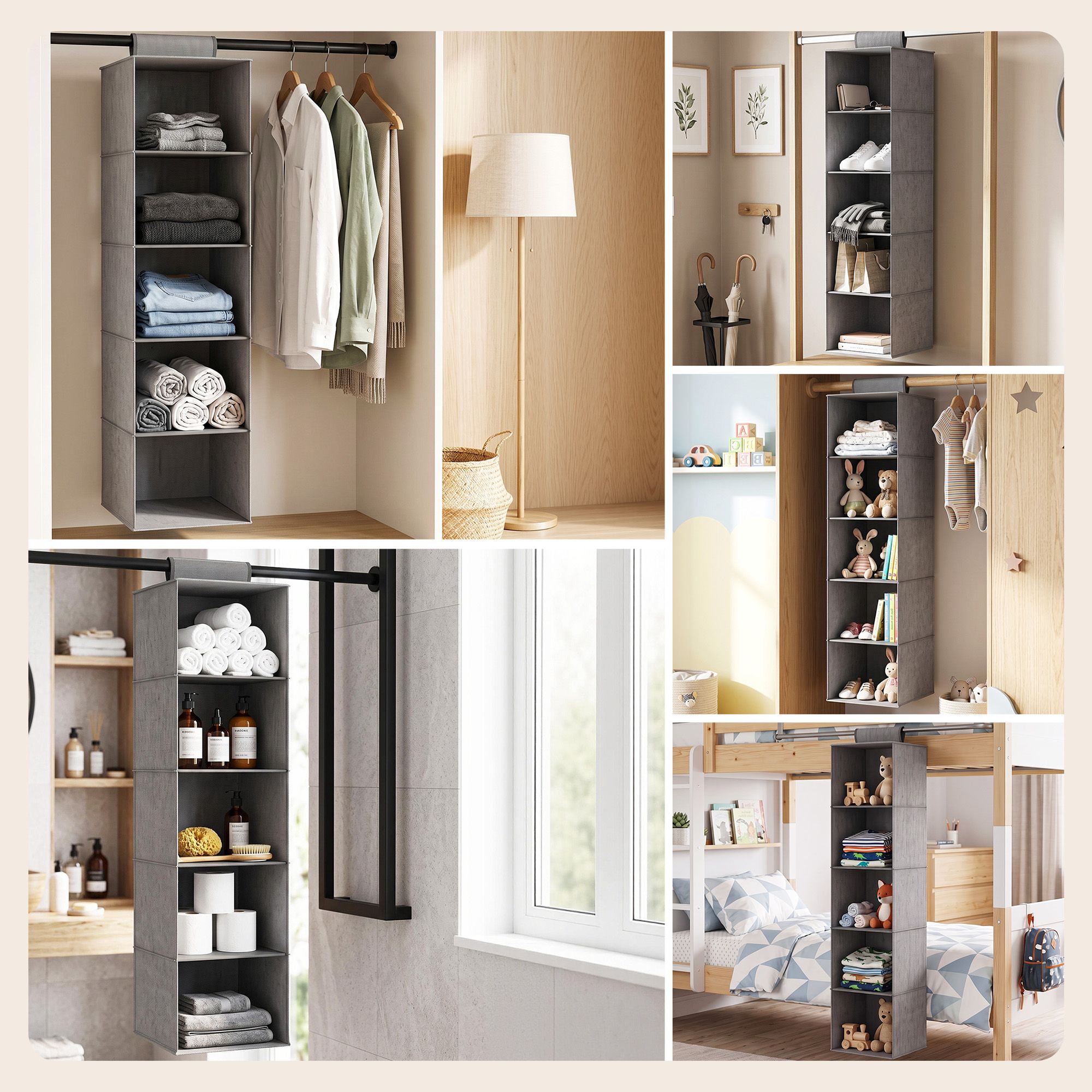 Artiss Hanging Closet Organiser 5 Tier Wardrobe Storage Grey 104cm Bedworld