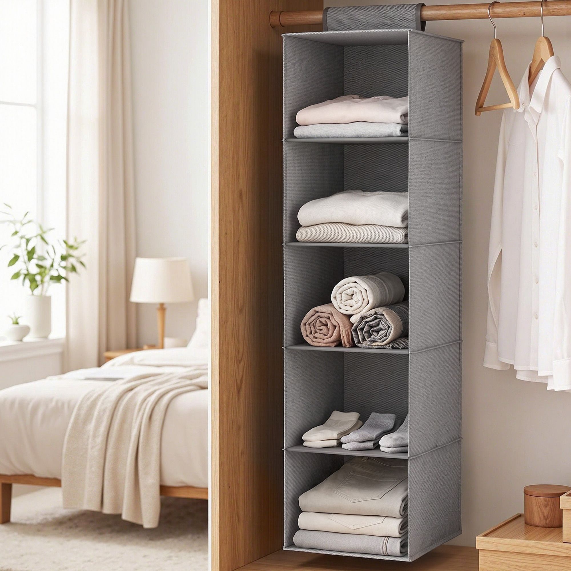 Artiss Hanging Closet Organiser 5 Tier Wardrobe Storage Grey 104cm Bedworld