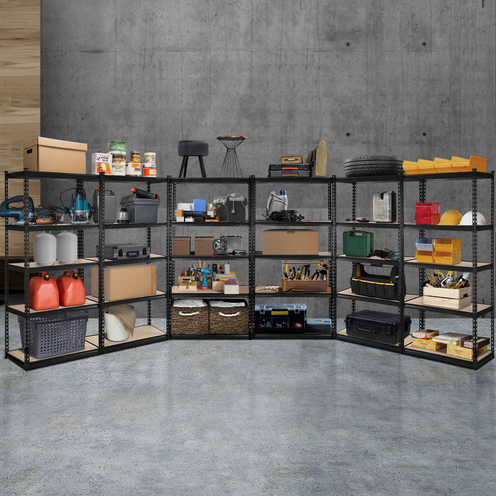 Black 6-shelf warehouse storage rack with metal frame and brown wooden boards.