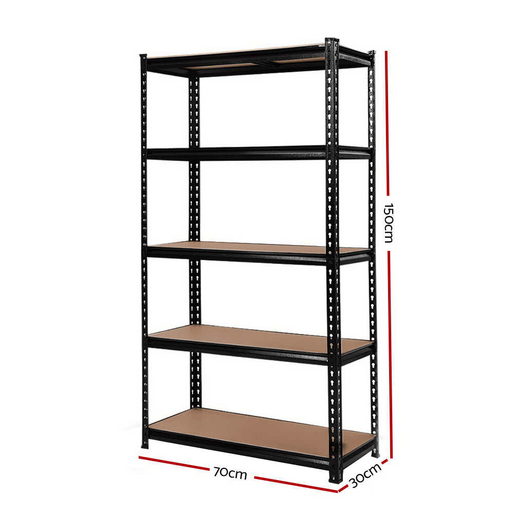 Black 5-tier shelving rack with brown shelves, 115cm high, 70cm wide, 30cm deep.