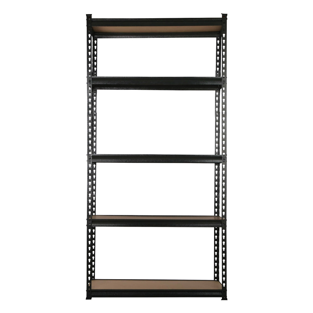 Black 4-tier shelving rack with brown shelves and perforated metal frame.