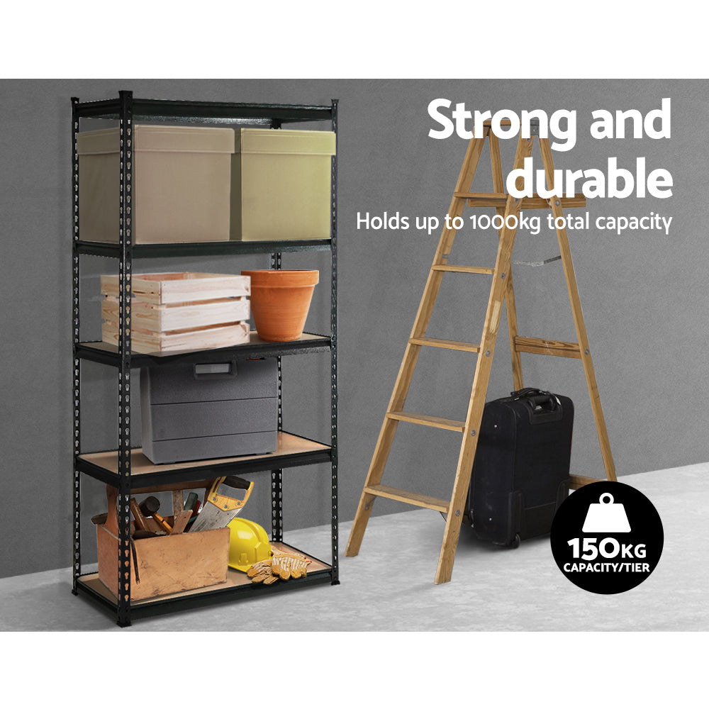 Black metal garage shelving rack with brown shelves and open storage bays.