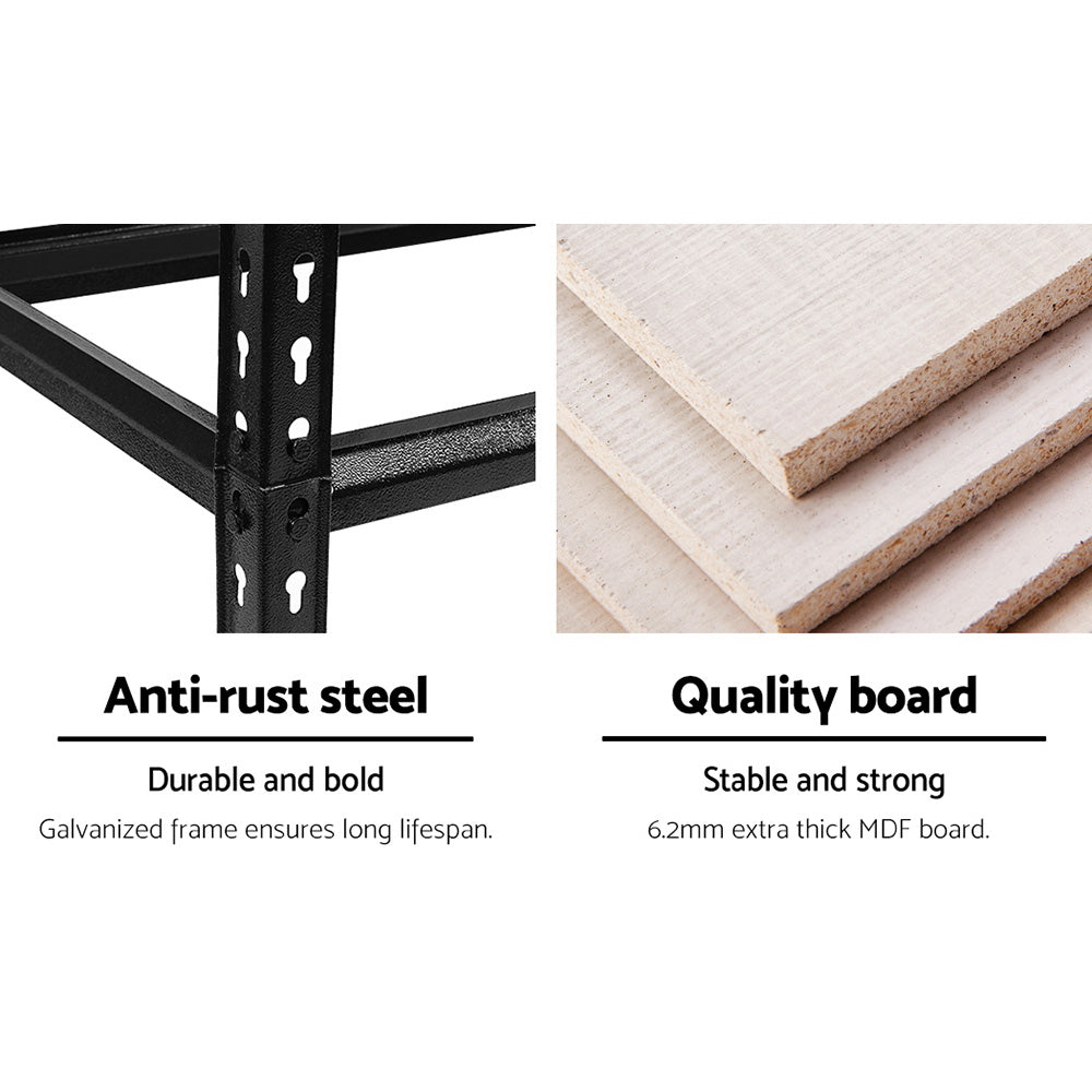 Black steel rack connection detail and light brown MDF shelf boards.