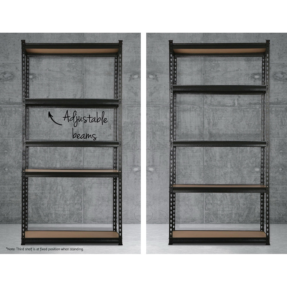 Black metal shelving rack with adjustable beam levels and brown shelves.