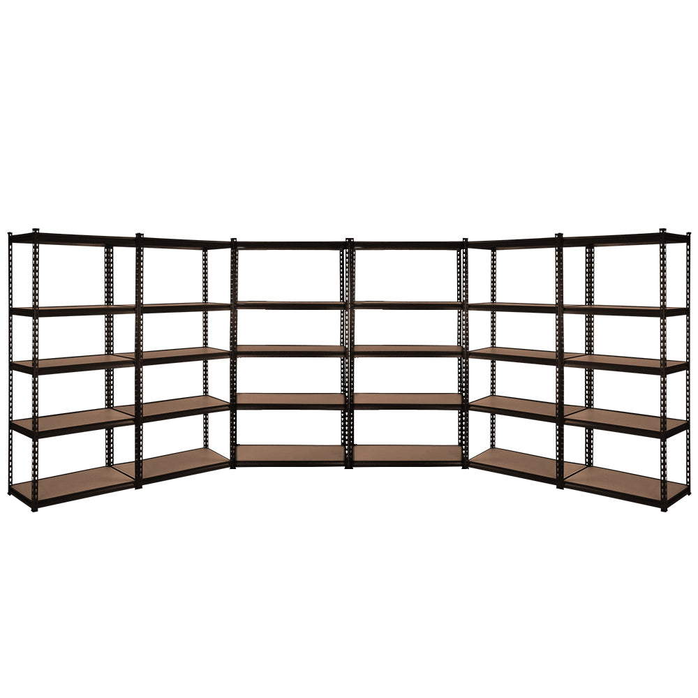 Corner warehouse storage shelving rack with black frame and brown particle shelves.