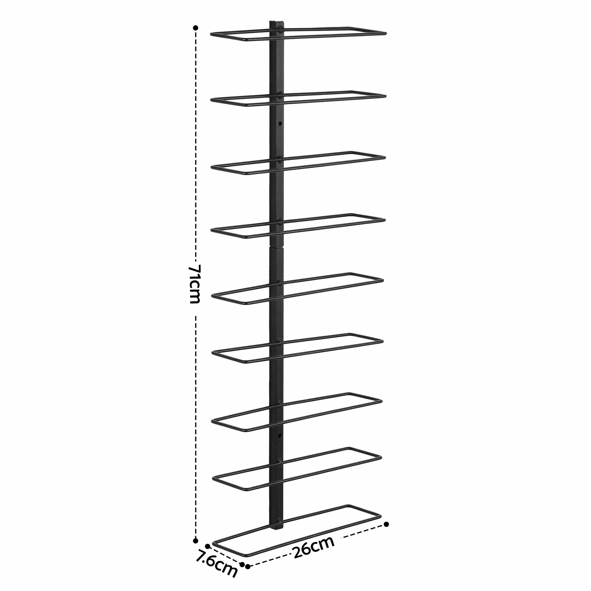 Black wall-mounted wine rack diagram with 7cm depth and 26cm width measurement