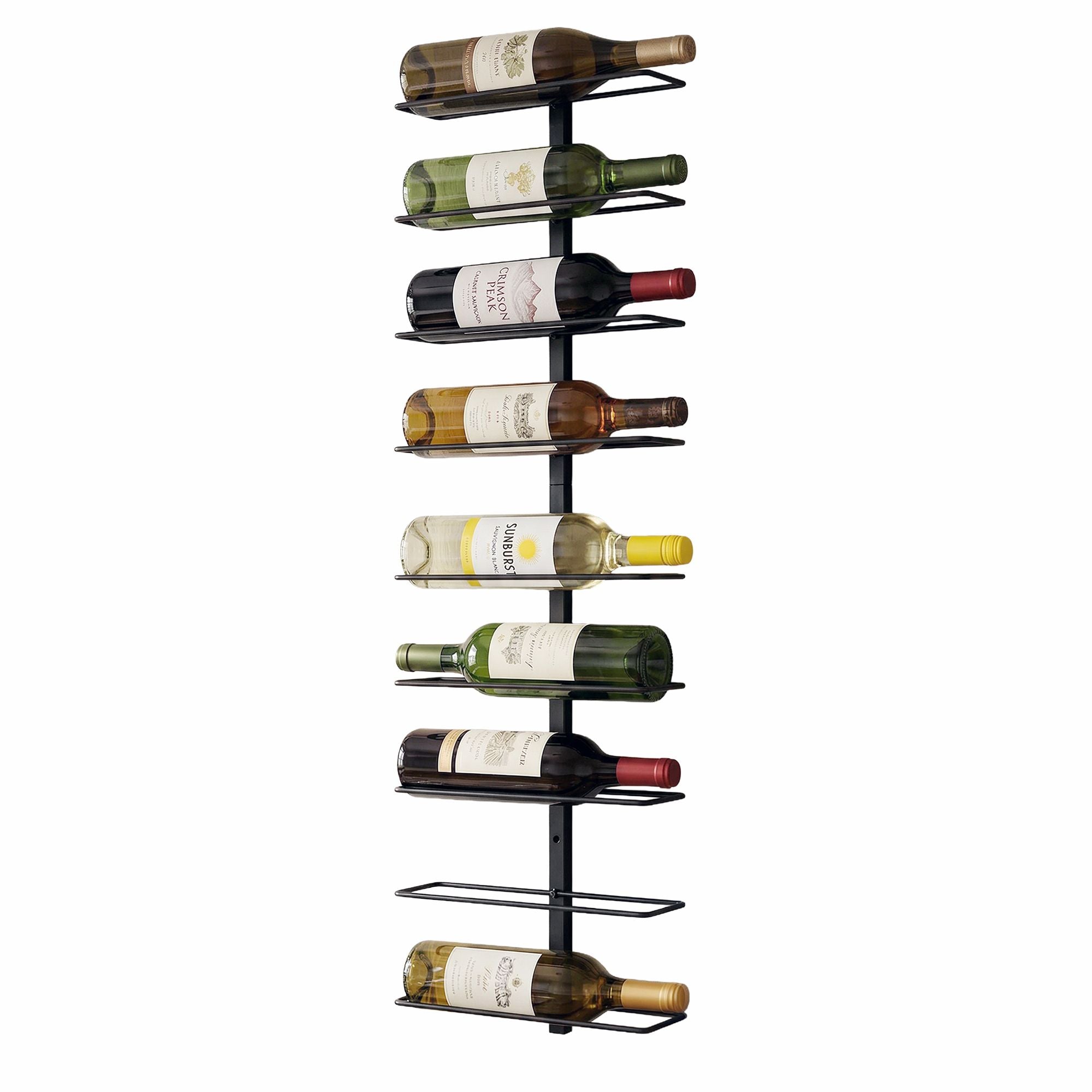 Wall-mounted wine rack displaying nine wine bottles on horizontal metal holders