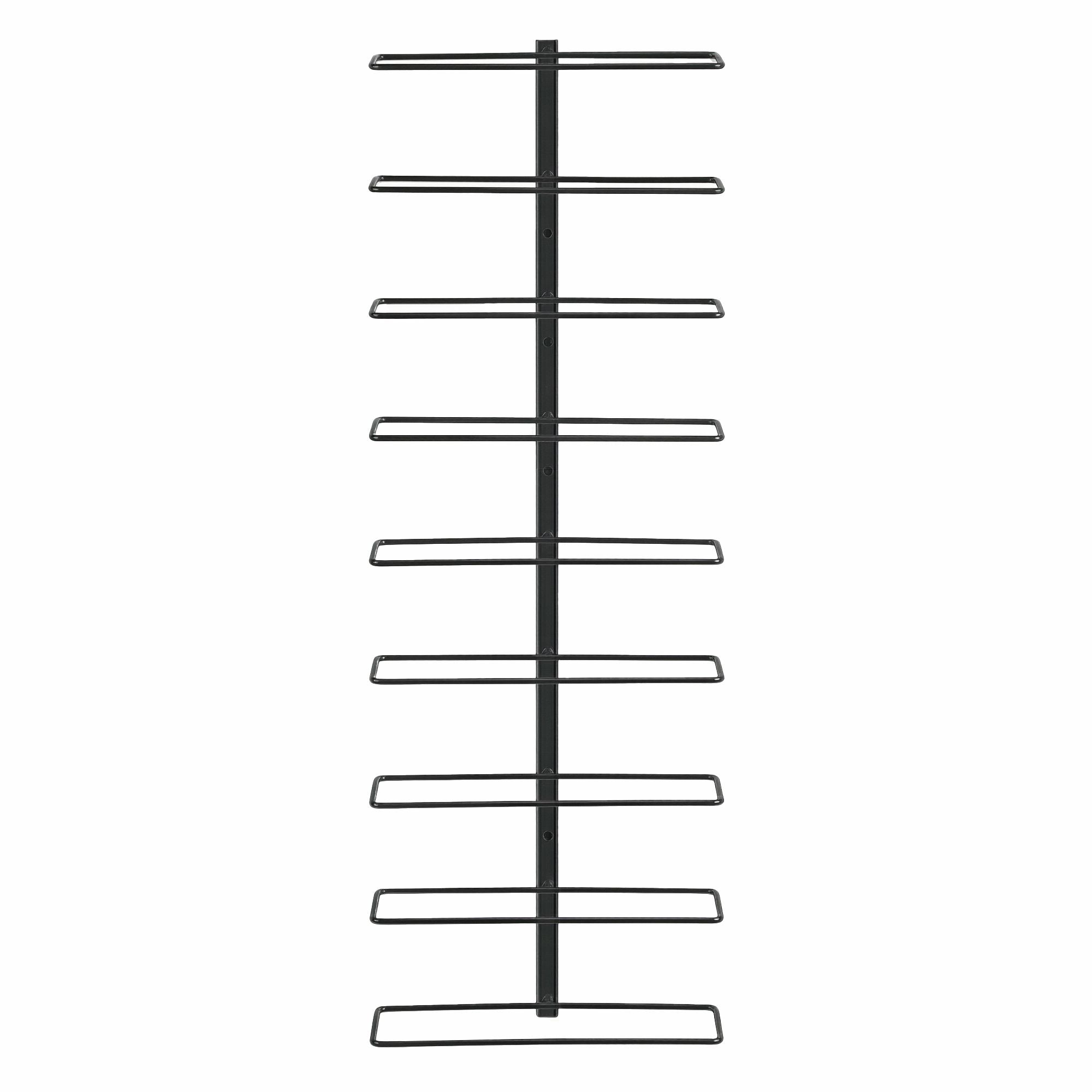 Black vertical wine rack with multiple horizontal bottle holders on metal frame