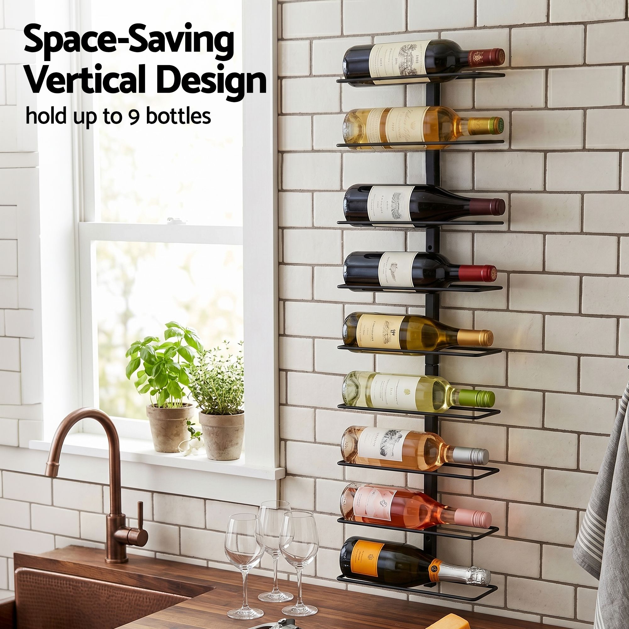 Black wall-mounted wine rack holding up to nine wine bottles on vertical bars