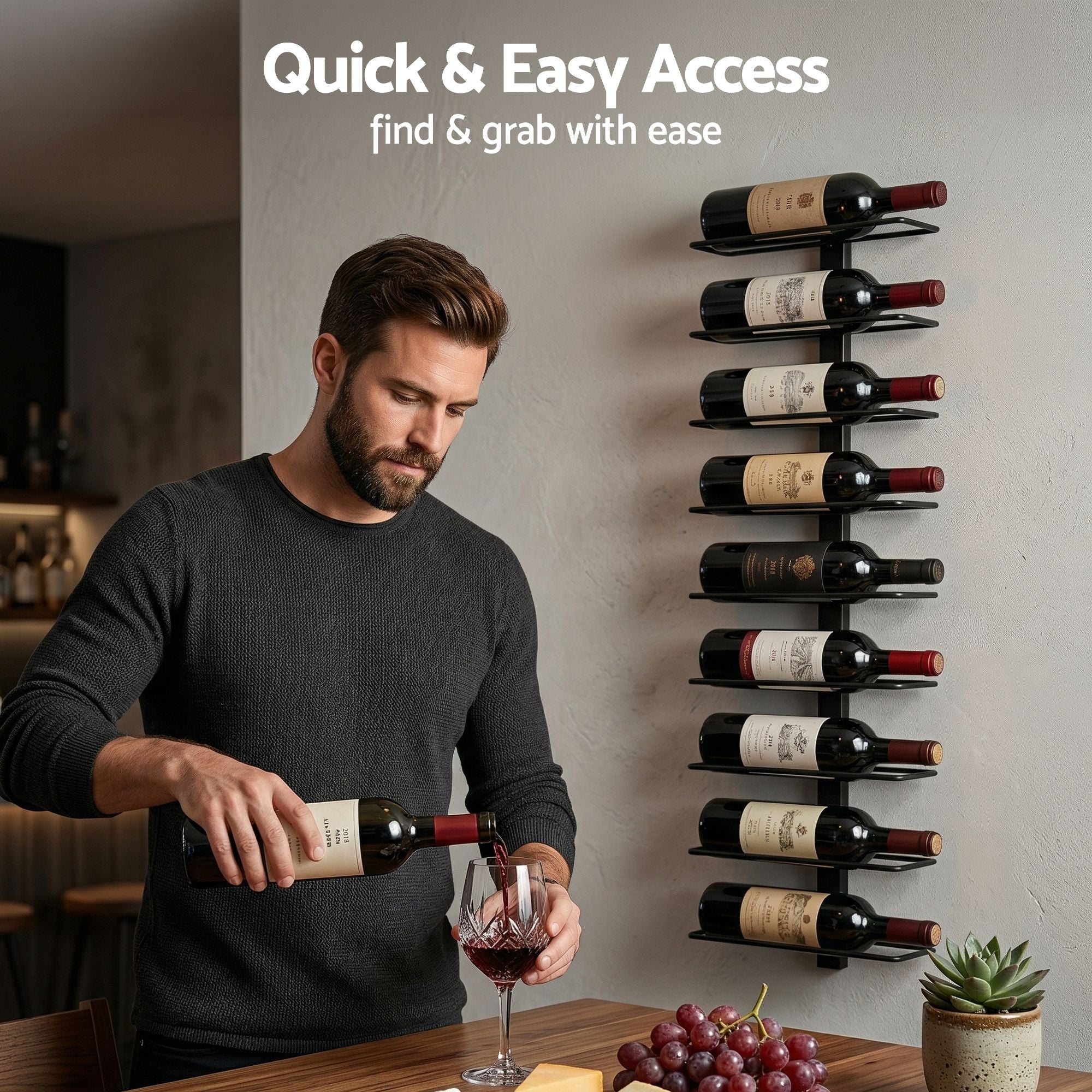 Wall-mounted wine rack with nine bottle slots and a wine bottle being placed