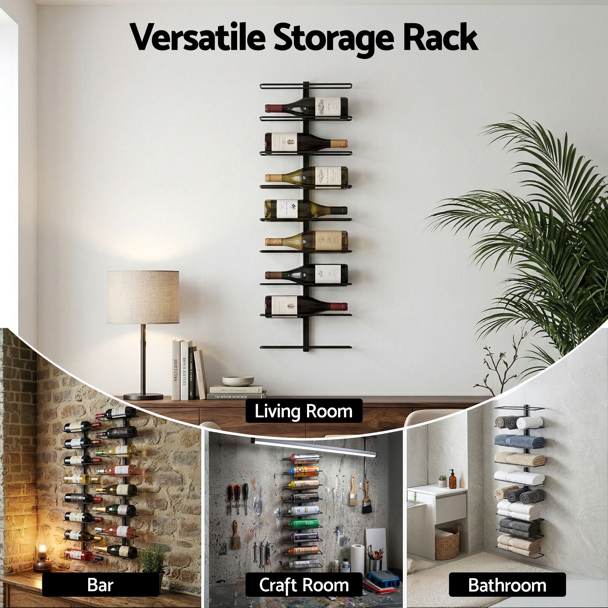 Wall-mounted wine rack shown in multiple room setups for wine storage