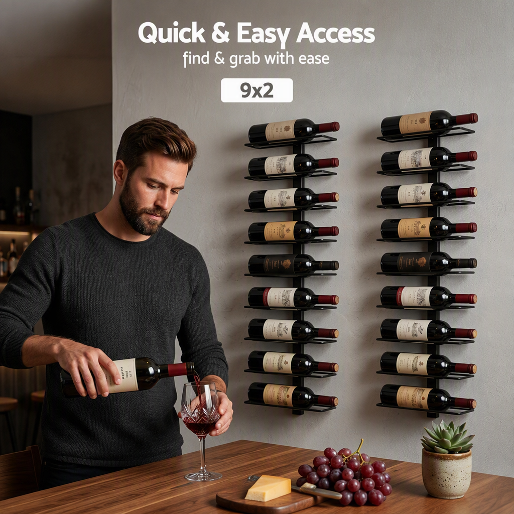 Artiss Wall Mounted Wine Rack Holder Black Metal - Set of 2 (18-Bottle Capacity) Bedworld