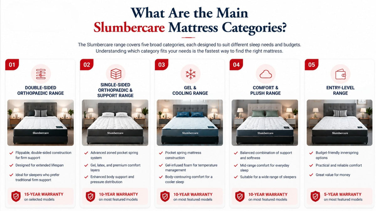 Slumbercare mattress categories including orthopaedic mattress, pocket spring mattress, gel cooling mattress, plush mattress and entry-level mattress by Bedworld