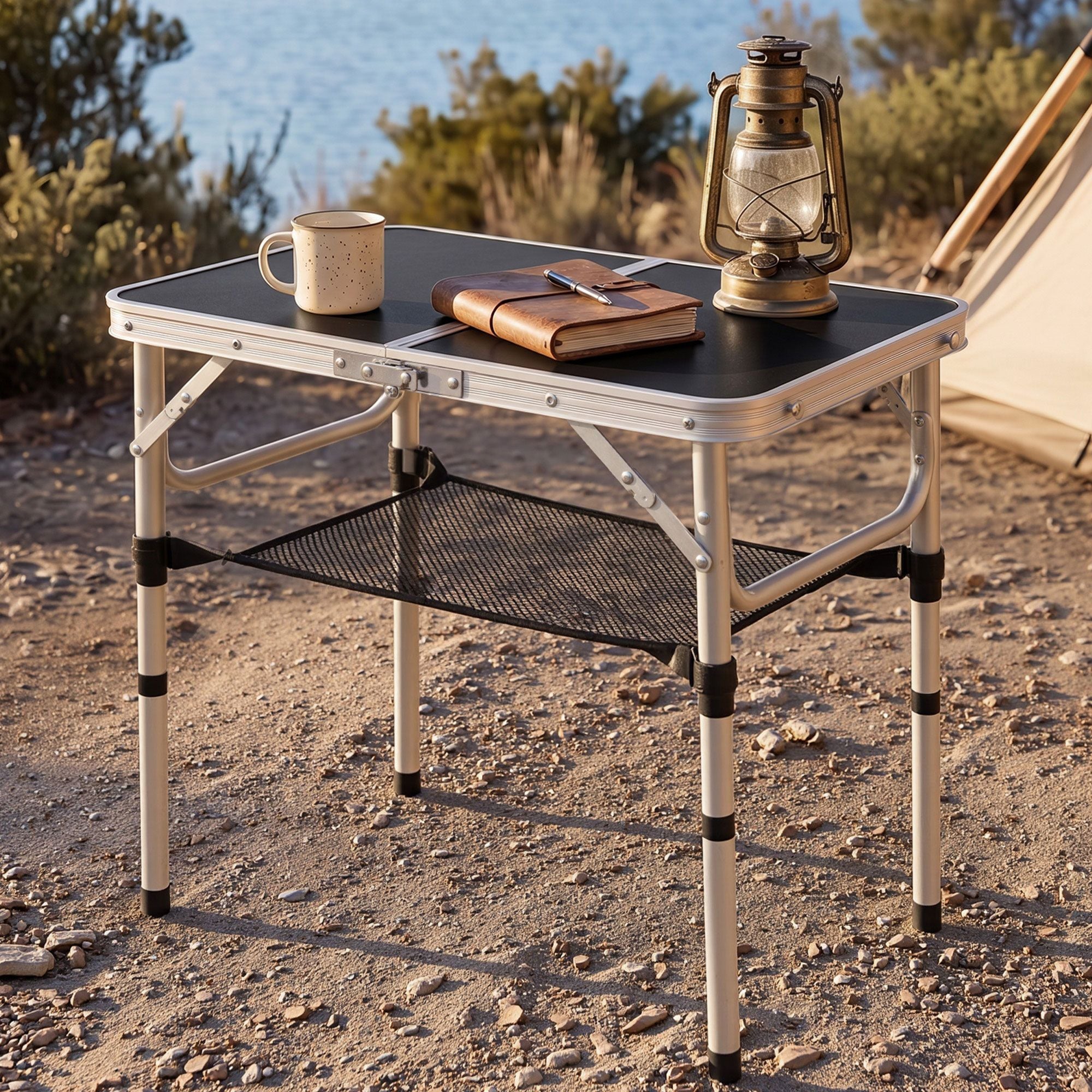 Weisshorn Folding Camping Table Adjustable Aluminium 60 x 40 cm Black Bedworld