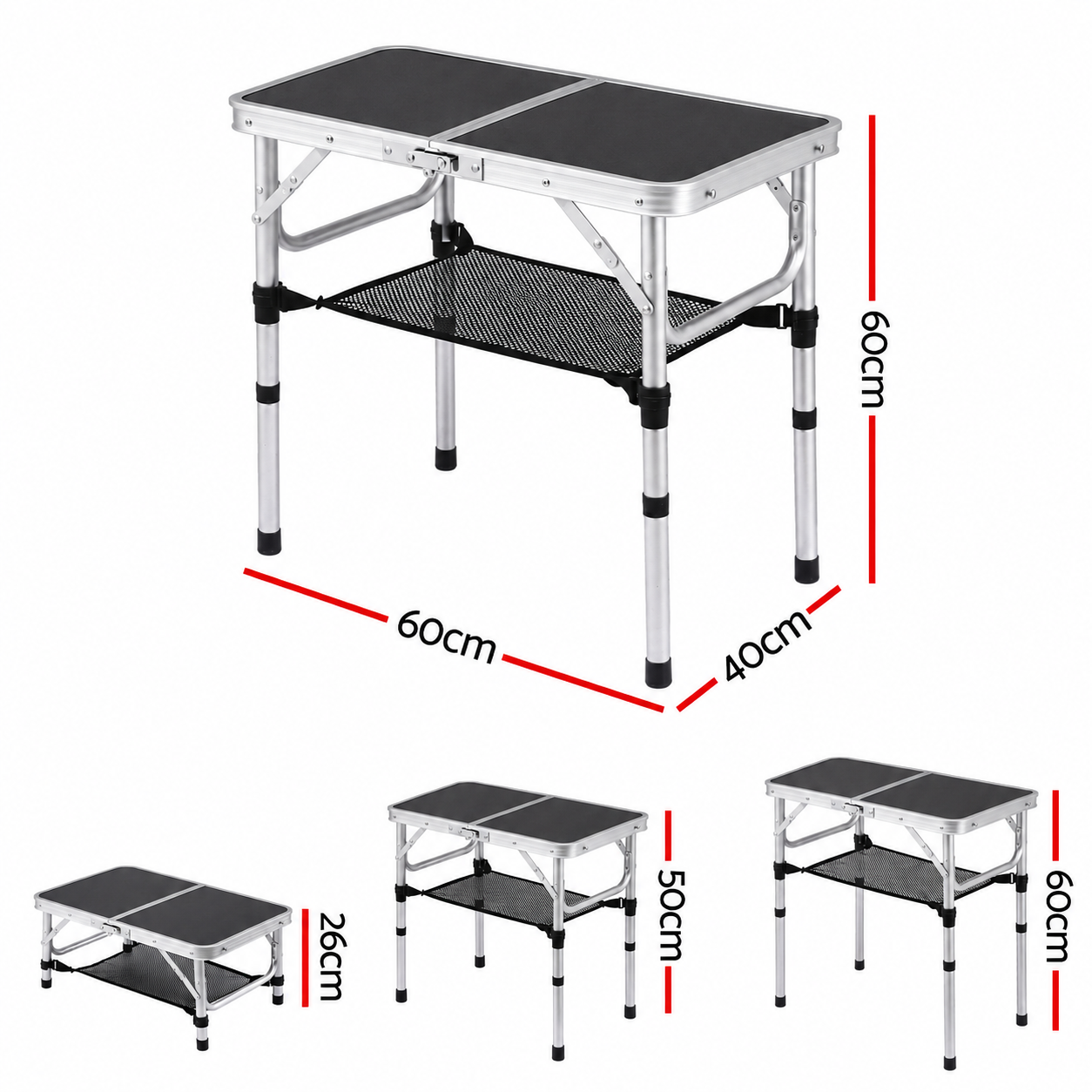 Weisshorn Folding Camping Table Adjustable Aluminium 60 x 40 cm Black Bedworld