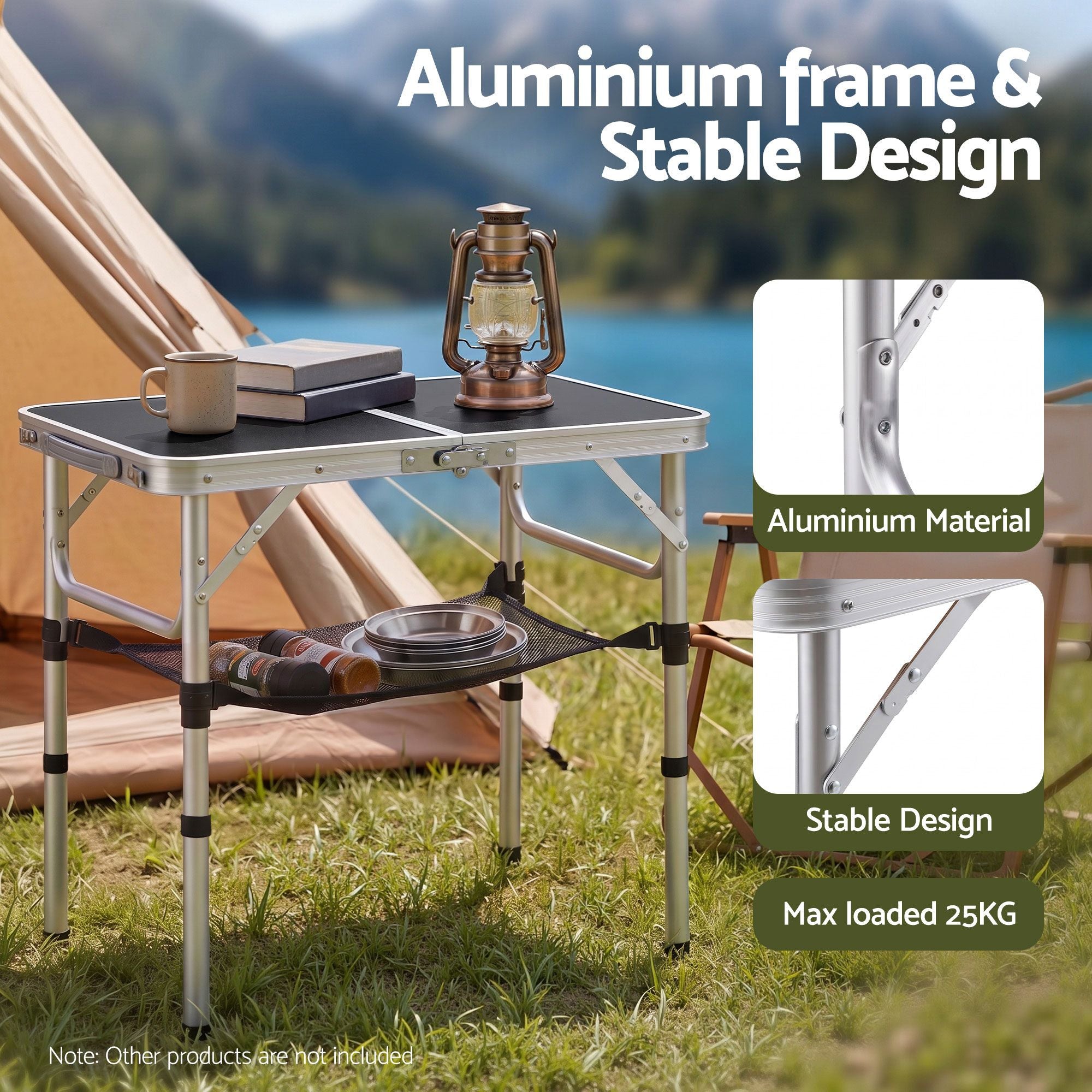 Weisshorn Folding Camping Table Adjustable Aluminium 60 x 40 cm Black Bedworld