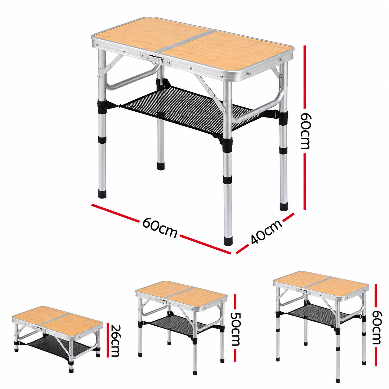 Weisshorn Folding Camping Table Adjustable Aluminium 60 x 40 cm Wood Grain Bedworld