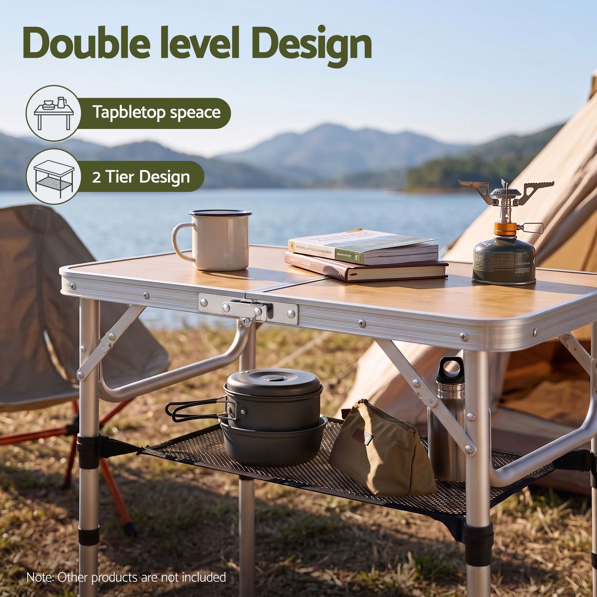 Weisshorn Folding Camping Table Adjustable Aluminium 60 x 40 cm Wood Grain Bedworld