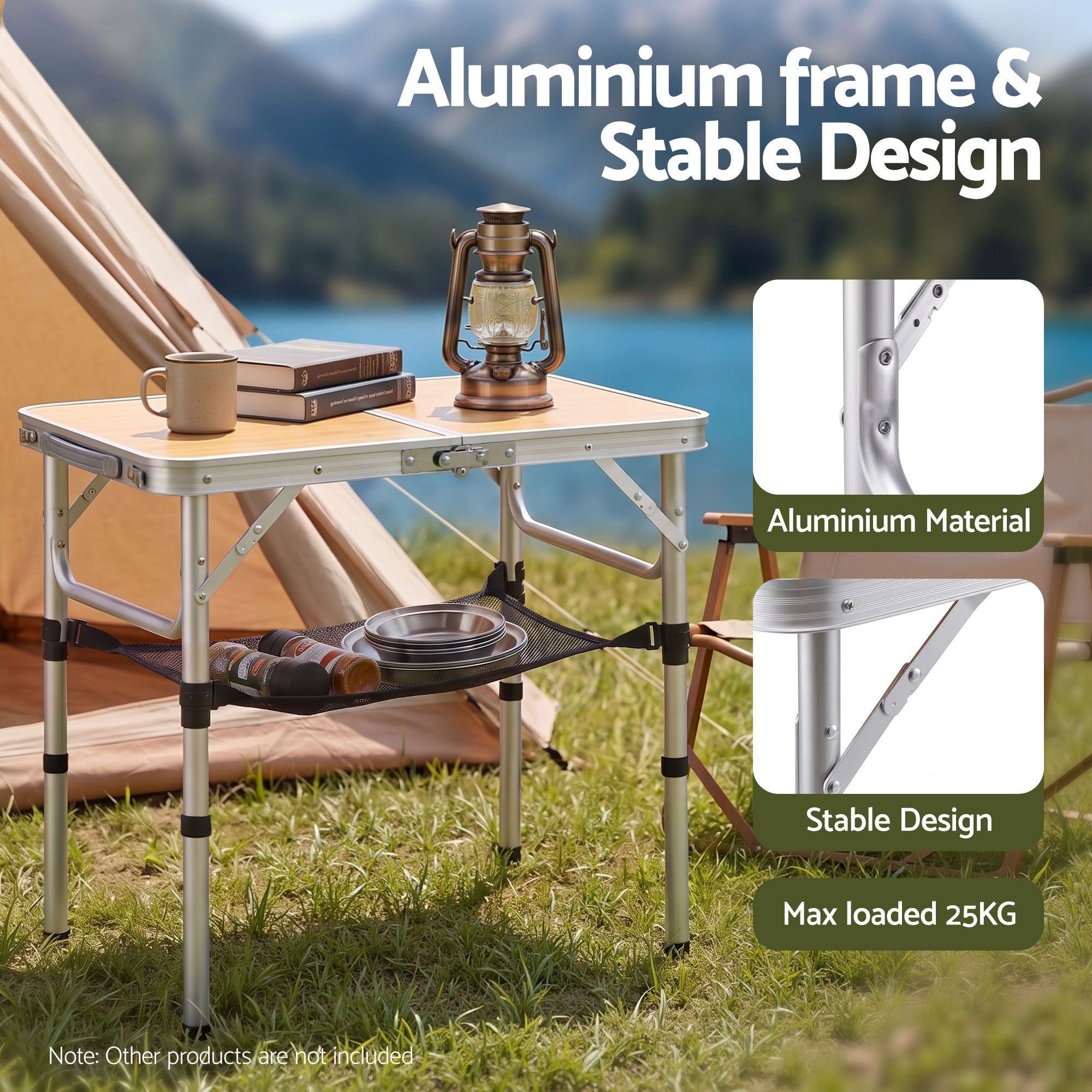 Weisshorn Folding Camping Table Adjustable Aluminium 60 x 40 cm Wood Grain Bedworld
