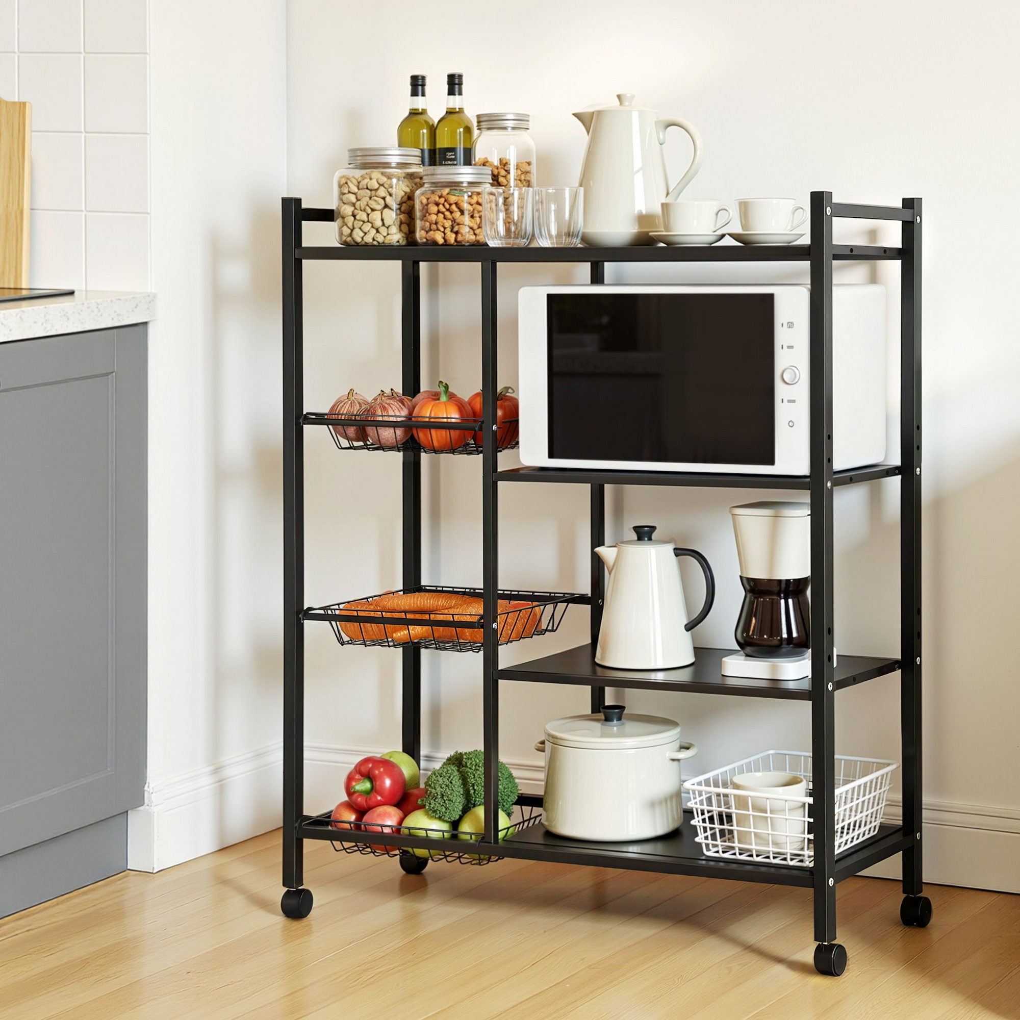 Artiss 4-Tier Kitchen Rack Microwave Bakers Storage Shelf with 3 Baskets Wheels Bedworld