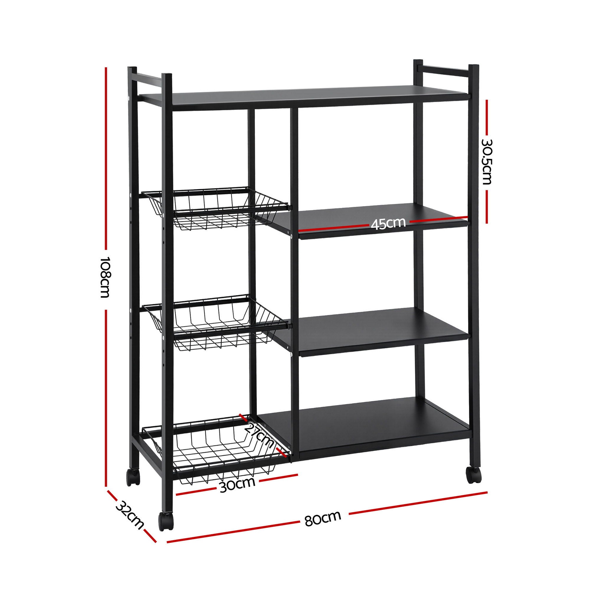 Artiss 4-Tier Kitchen Rack Microwave Bakers Storage Shelf with 3 Baskets Wheels Bedworld