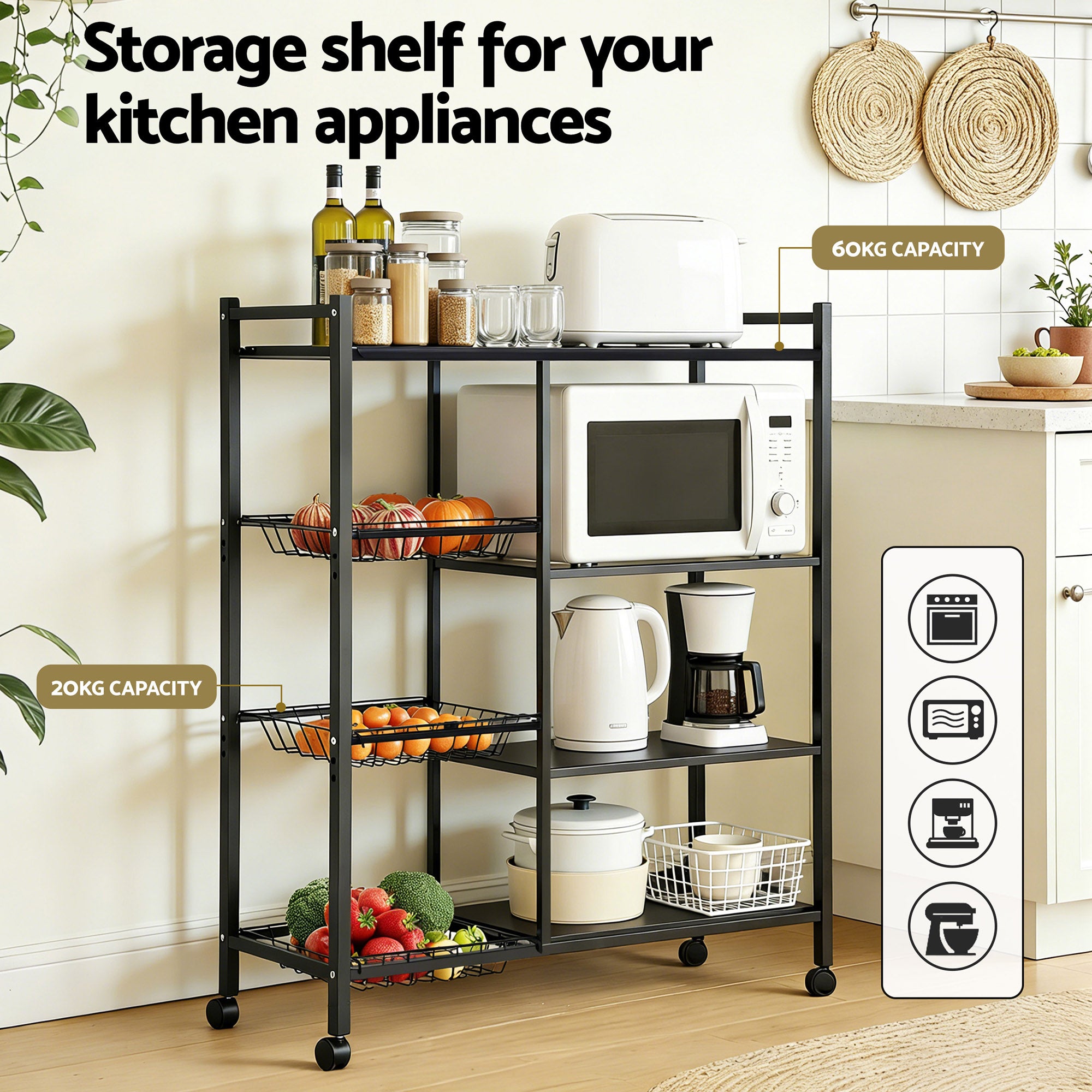 Artiss 4-Tier Kitchen Rack Microwave Bakers Storage Shelf with 3 Baskets Wheels Bedworld