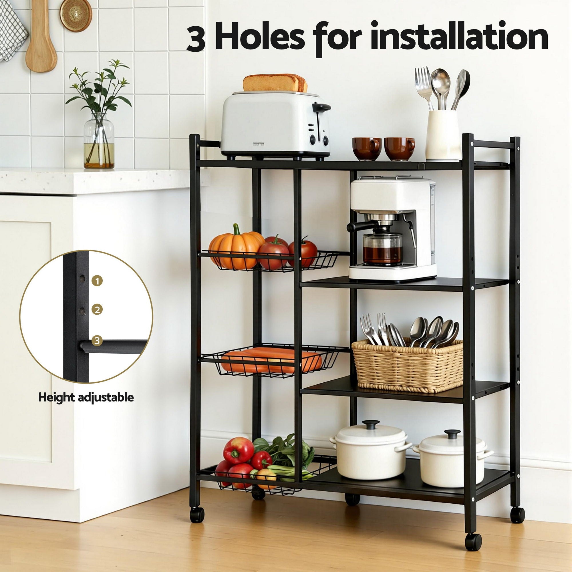 Artiss 4-Tier Kitchen Rack Microwave Bakers Storage Shelf with 3 Baskets Wheels Bedworld