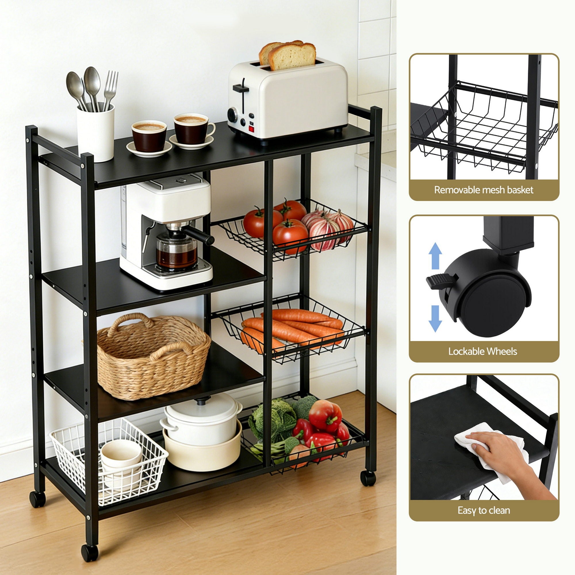 Artiss 4-Tier Kitchen Rack Microwave Bakers Storage Shelf with 3 Baskets Wheels Bedworld