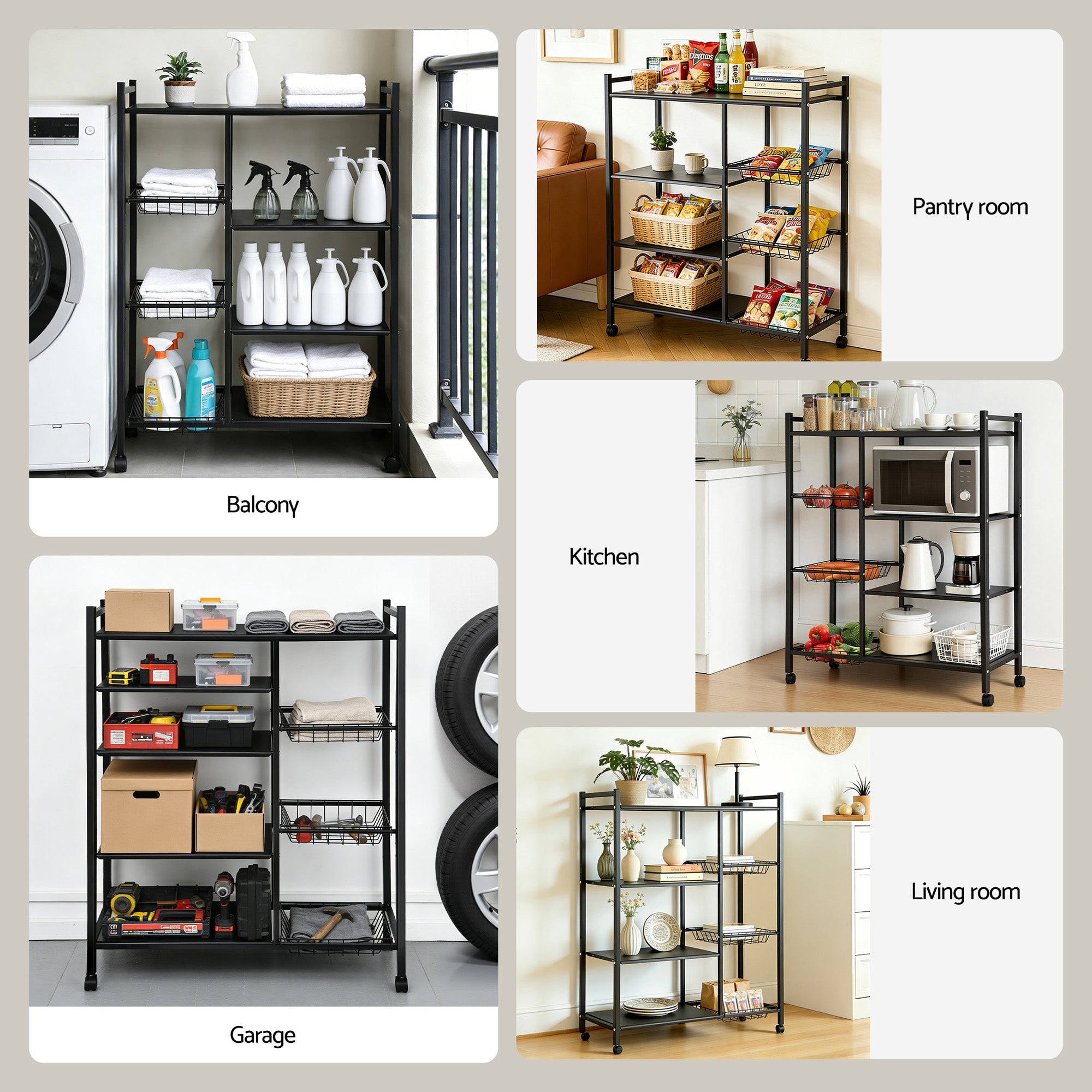 Artiss 4-Tier Kitchen Rack Microwave Bakers Storage Shelf with 3 Baskets Wheels Bedworld