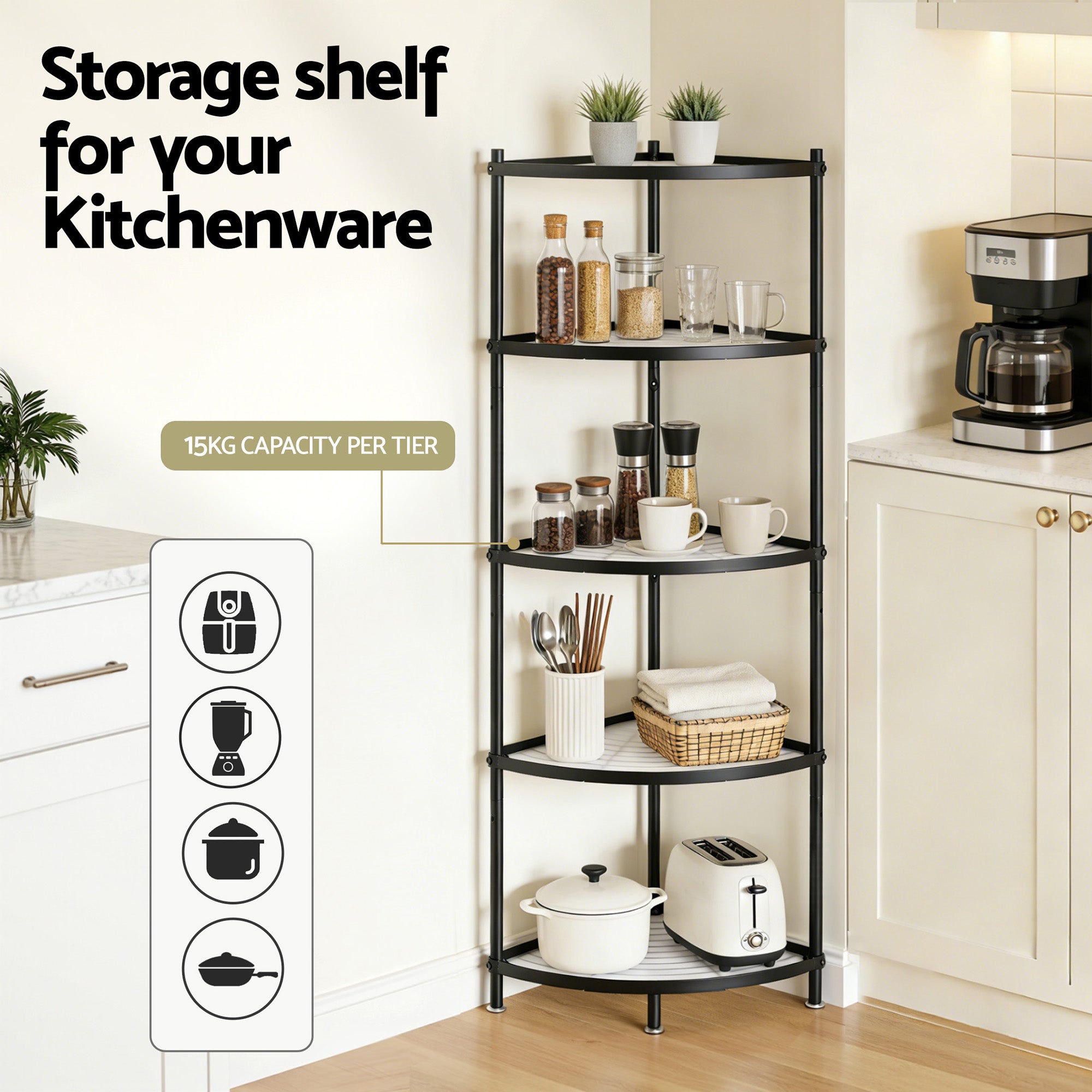 Artiss 5-Tier Kitchen Corner Shelf Rack Stand Microwave Metal Storage Shelves Bedworld