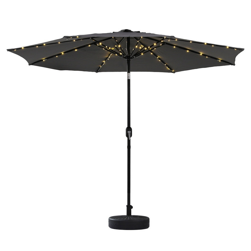 Charcoal LED market umbrella with open canopy and central tilt pole