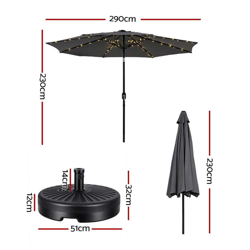 Market umbrella size diagram showing canopy, pole, and base dimensions